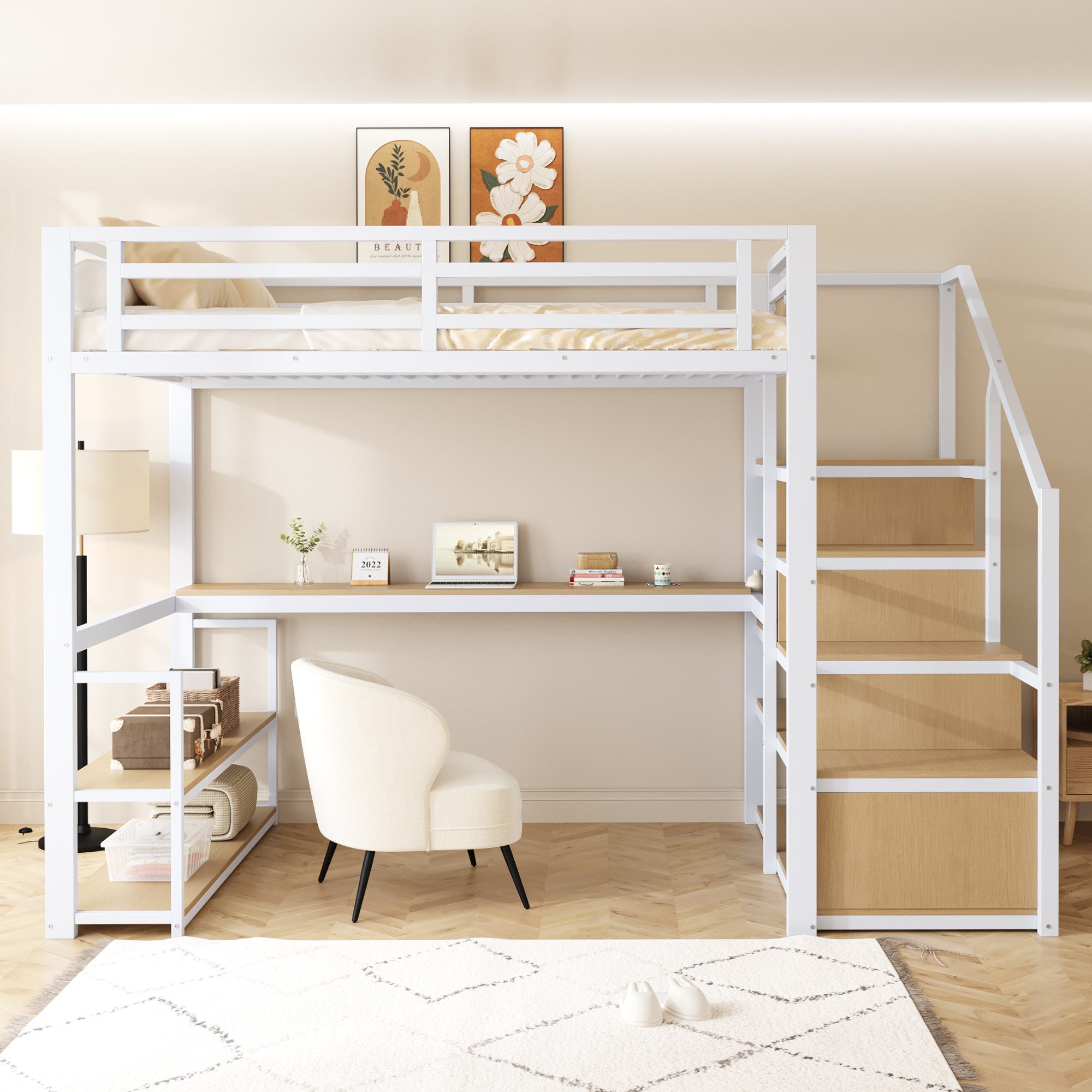 Flieks Hochbett Metallbett 140x200cm mit Stauraumtreppe, günstig online kaufen
