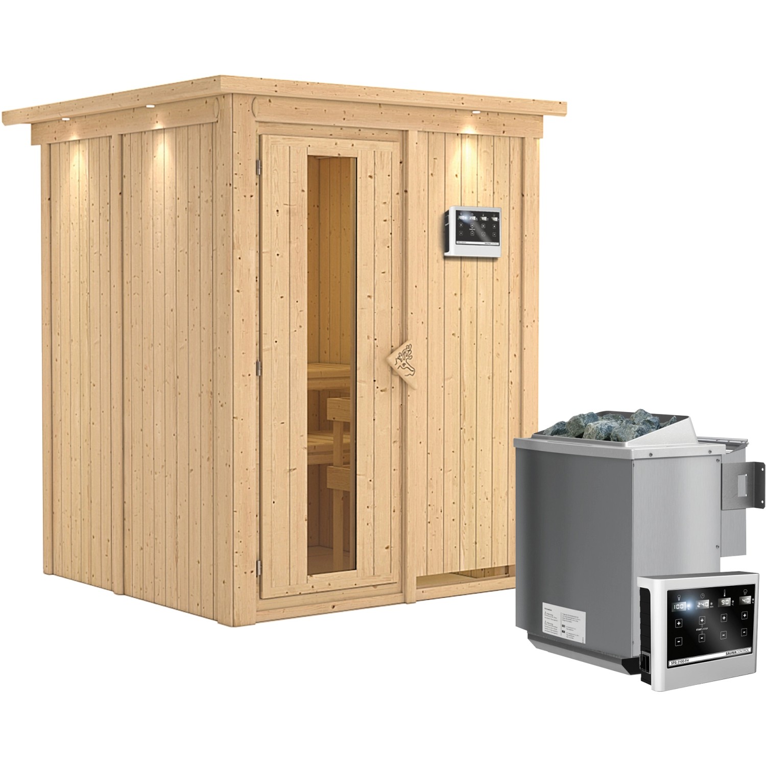 Karibu Sauna Norna inkl. Bio-Ofen 9 kW ext. Steuerung, Dachkranz, Energiesp günstig online kaufen