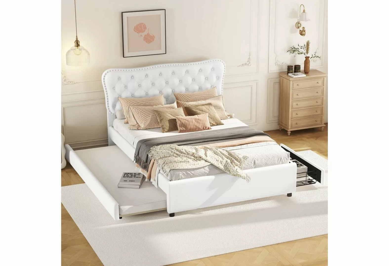 Ulife Polsterbett Doppelbett mit Rollbett und zwei Schubladen, 140*200 cm ( günstig online kaufen