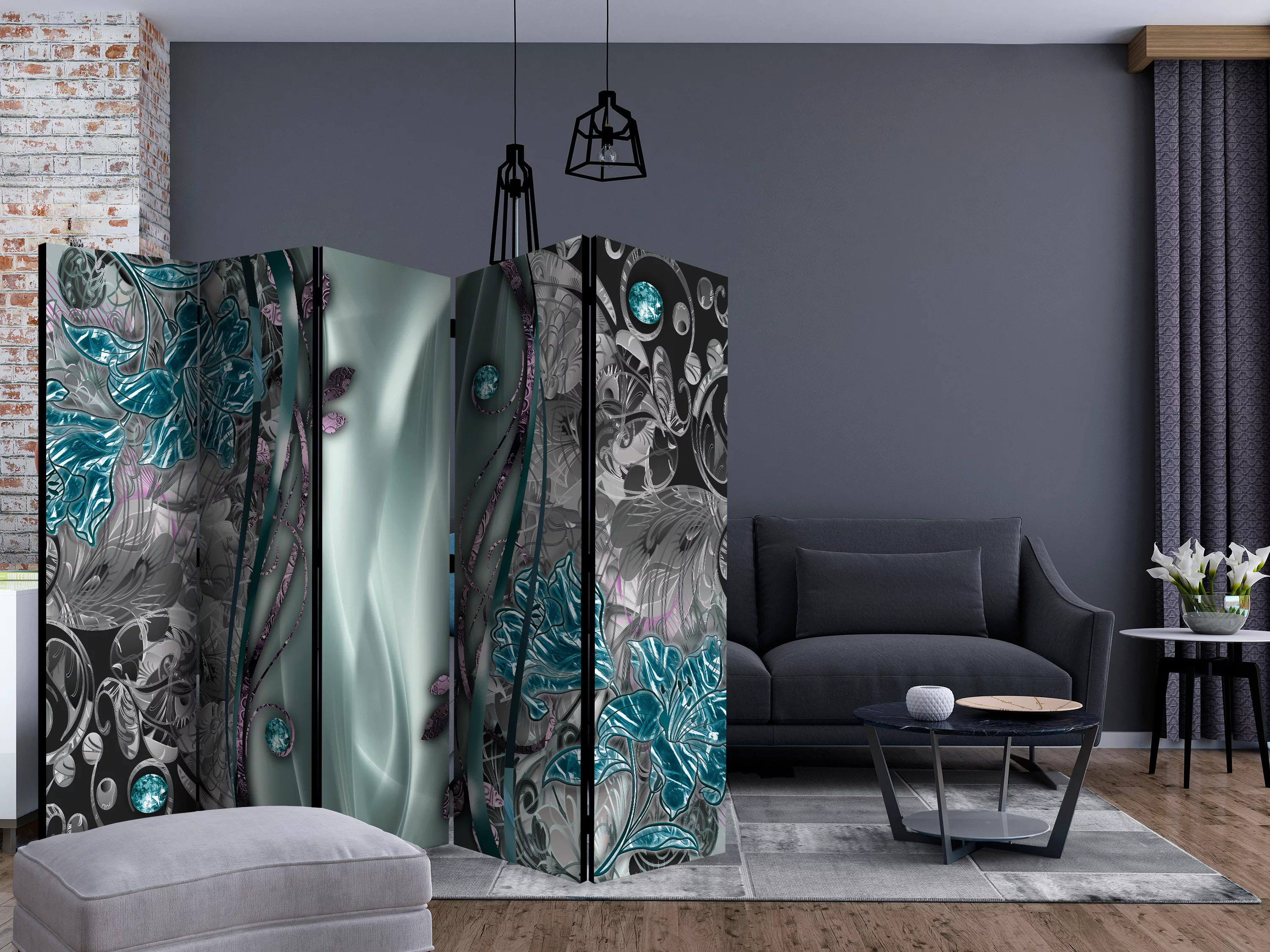 5-teiliges Paravent - Floral Curtain (turquoise) Ii [room Dividers] günstig online kaufen