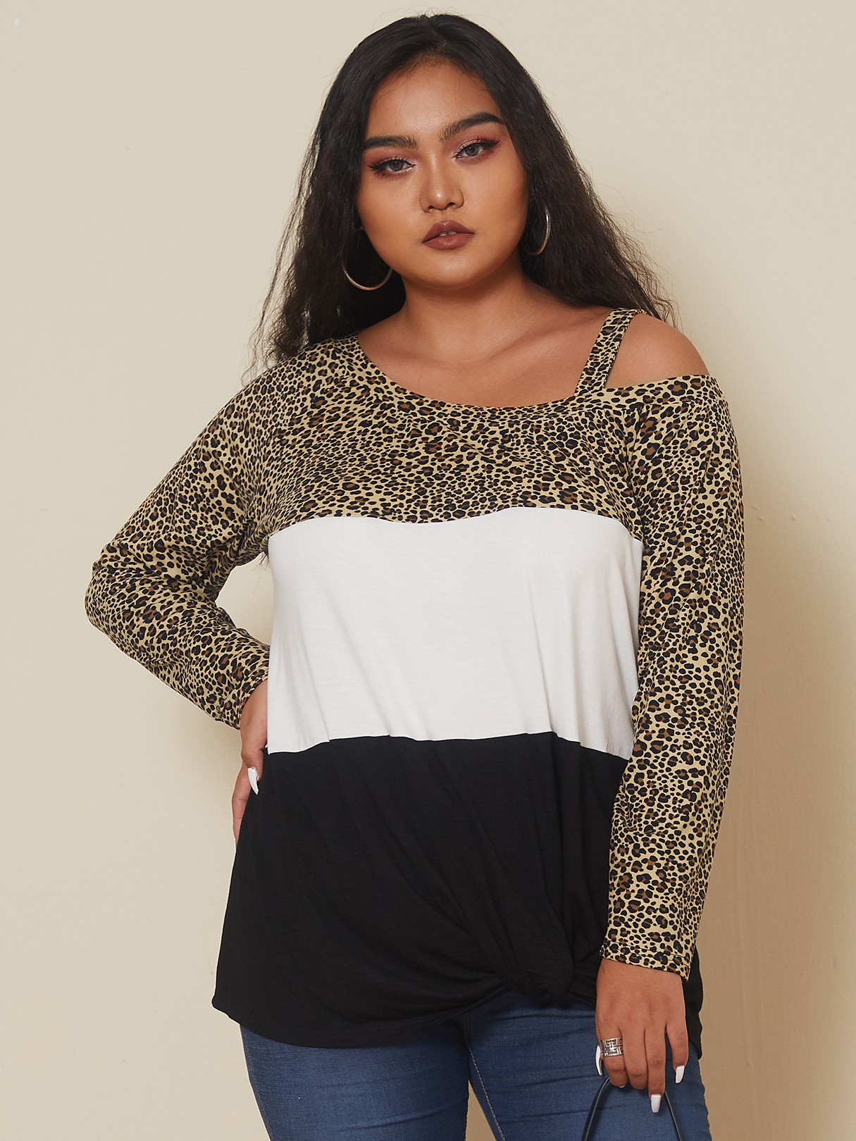 YOINS Plus Größe Cold Shoulder Leopard Langarm T-Shirt günstig online kaufen