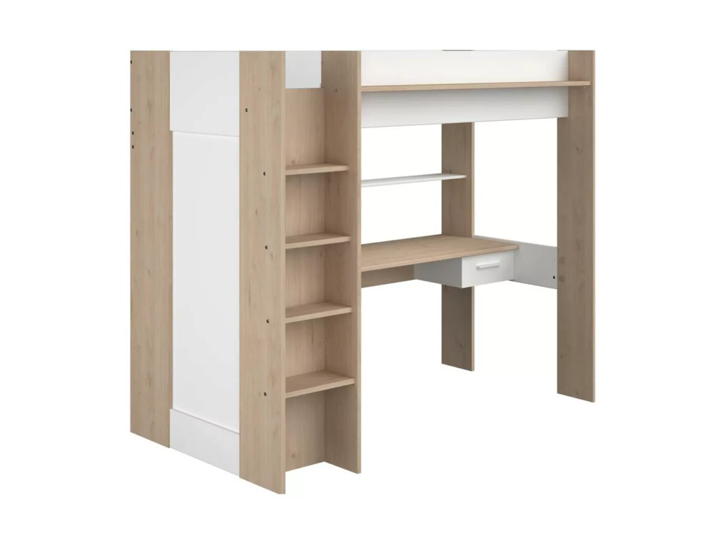 Hochbett mit Schreibtisch & Kleiderschrank - 90 x 200 cm - Weiß & Naturfarb günstig online kaufen