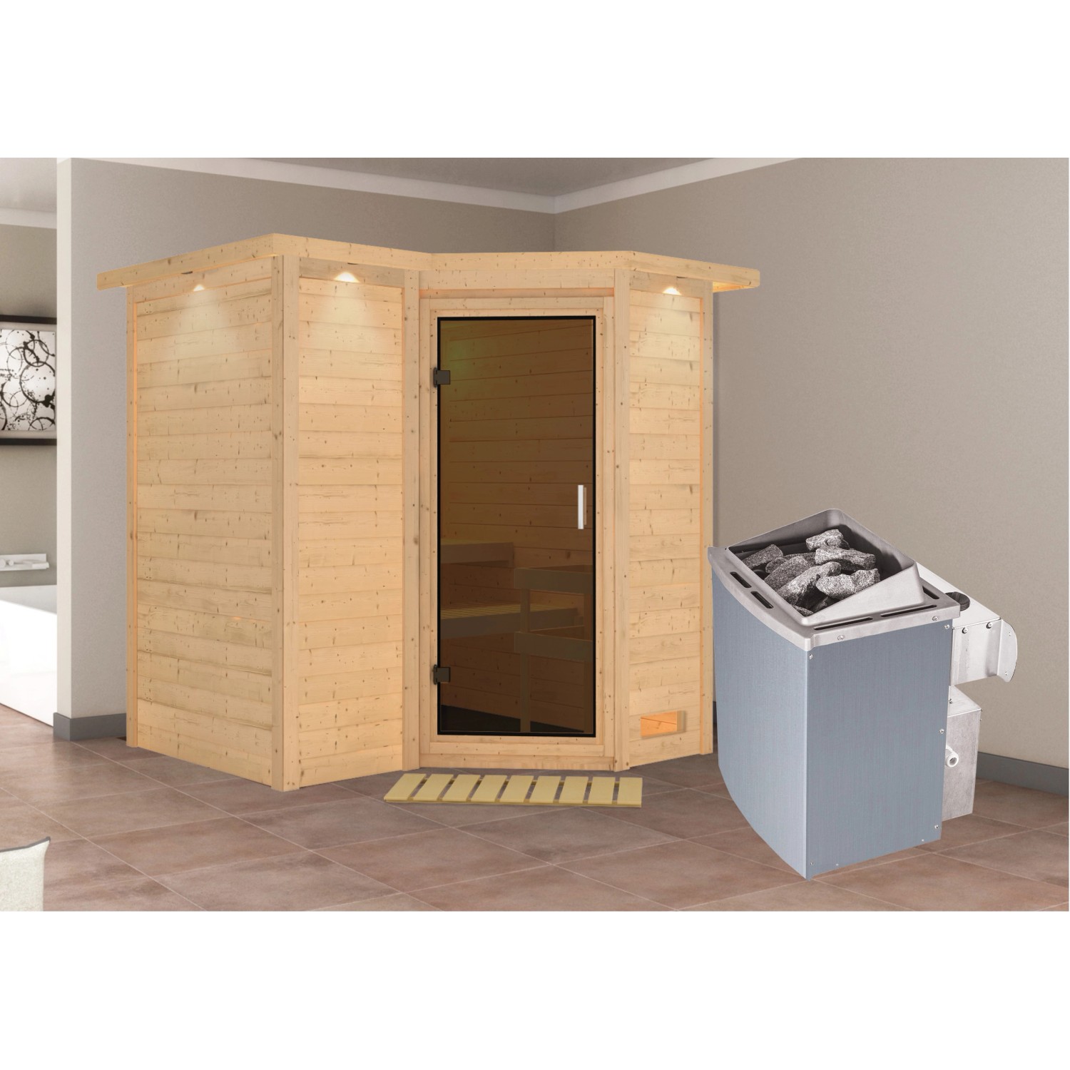 Woodfeeling Sauna-Set Steena 1 inkl. Ofen 9 kW mit integr. Steuerung, Tür G günstig online kaufen