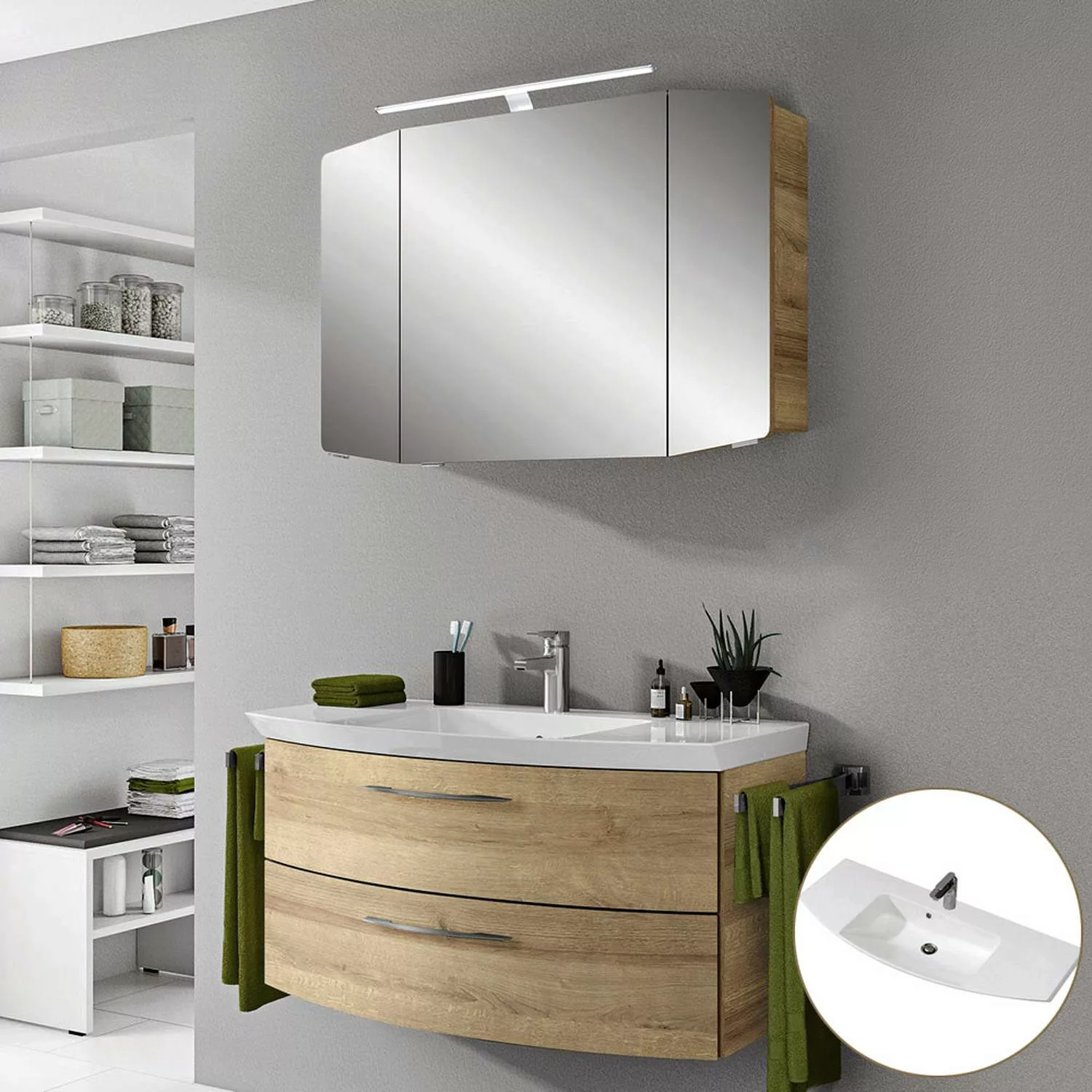 Badezimmermöbel Set in Riviera Eiche CERVIA-66 mit 80cm Waschtisch & LED-Sp günstig online kaufen