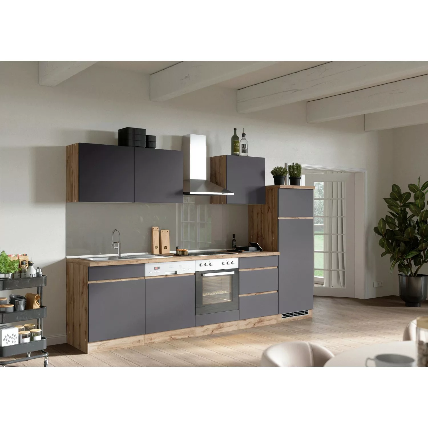 Held Möbel Küchenzeile Turin 300 cm Graphit-Wotaneiche ohne E-Geräte günstig online kaufen
