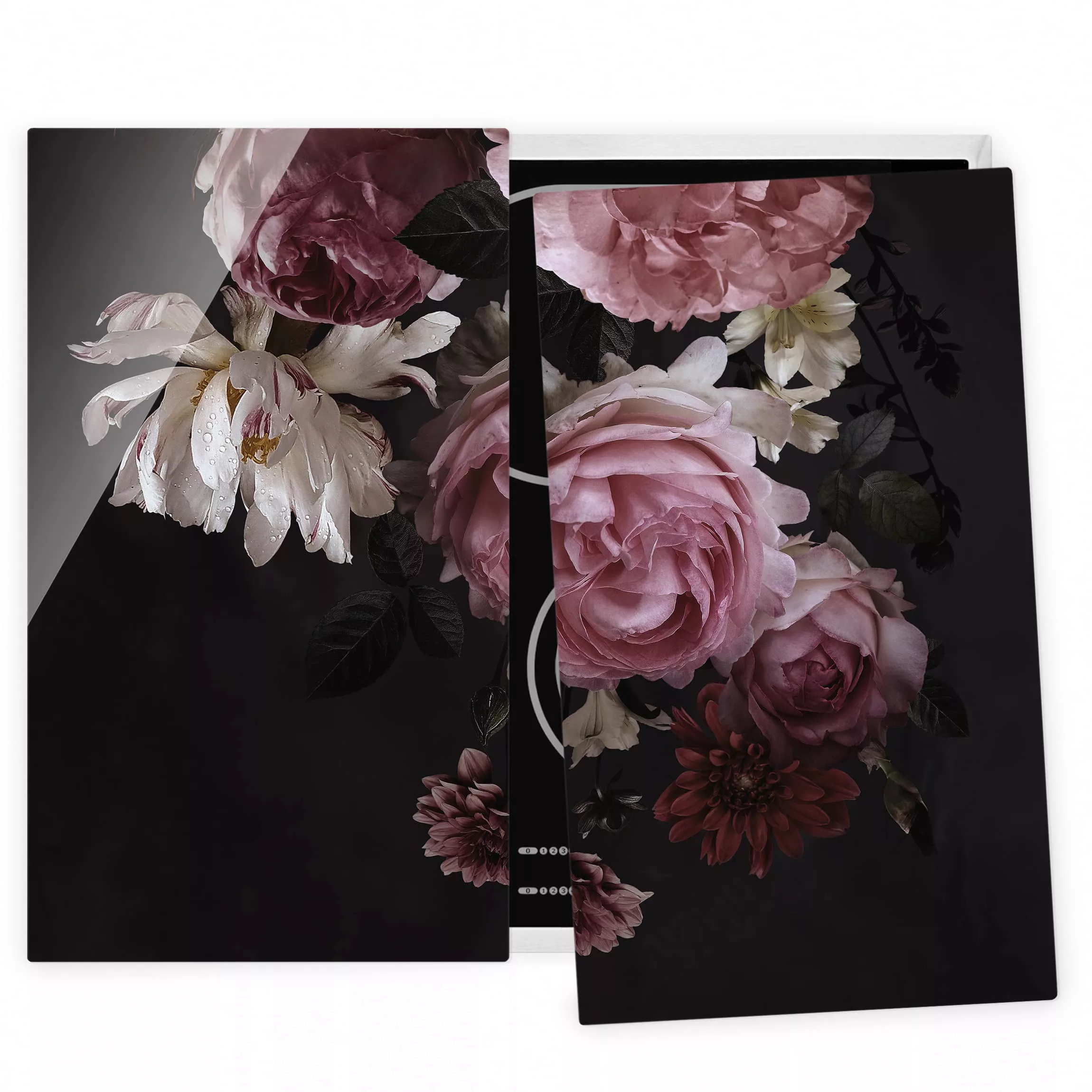 2-teilige Herdabdeckplatte Glas Blumen Rosa Blumen auf Schwarz günstig online kaufen