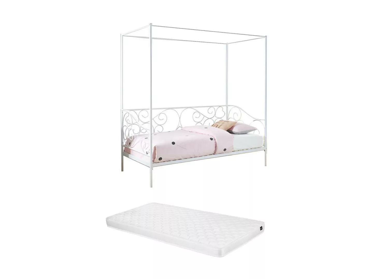 Metallbett Himmelbett + Matratze - 90 x 200 cm - Weiß - VIVIAN günstig online kaufen