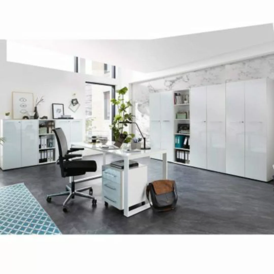 Lomadox Büromöbel Komplett Set in weiß MONTERO-01 mit Glasfronten & Auflage günstig online kaufen
