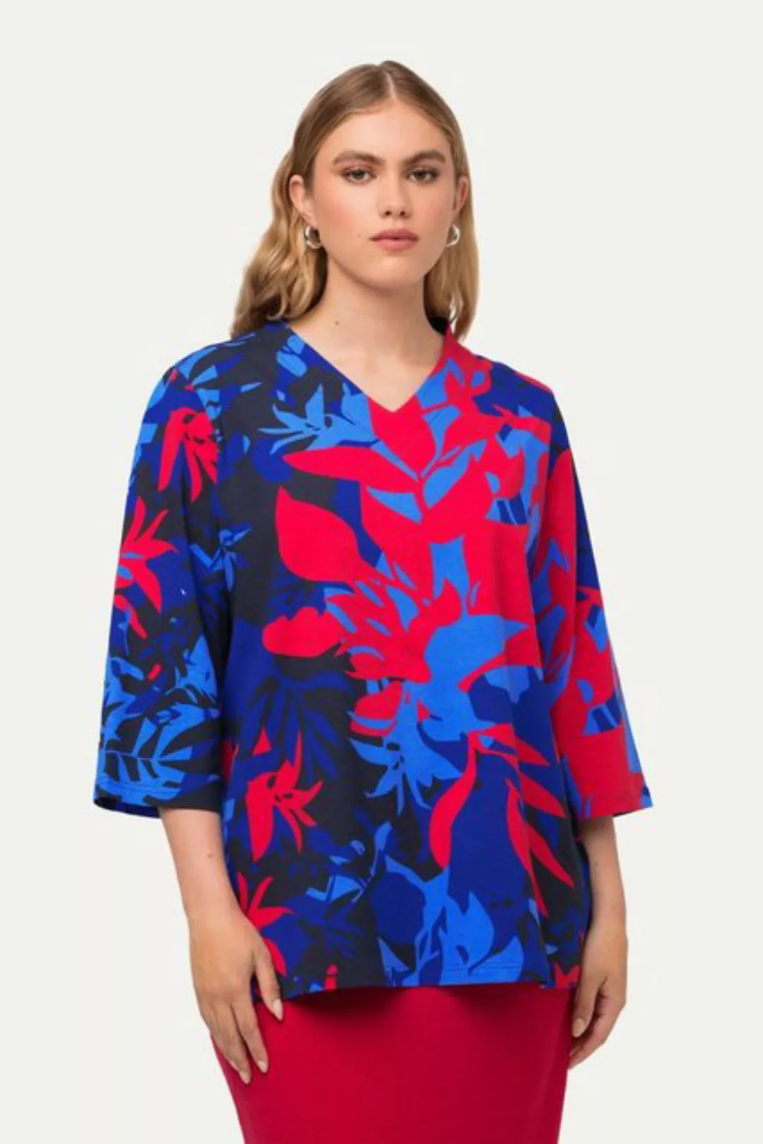 Ulla Popken Rundhalsshirt Shirt floraler Druck Kelchkragen V-Ausschnitt günstig online kaufen
