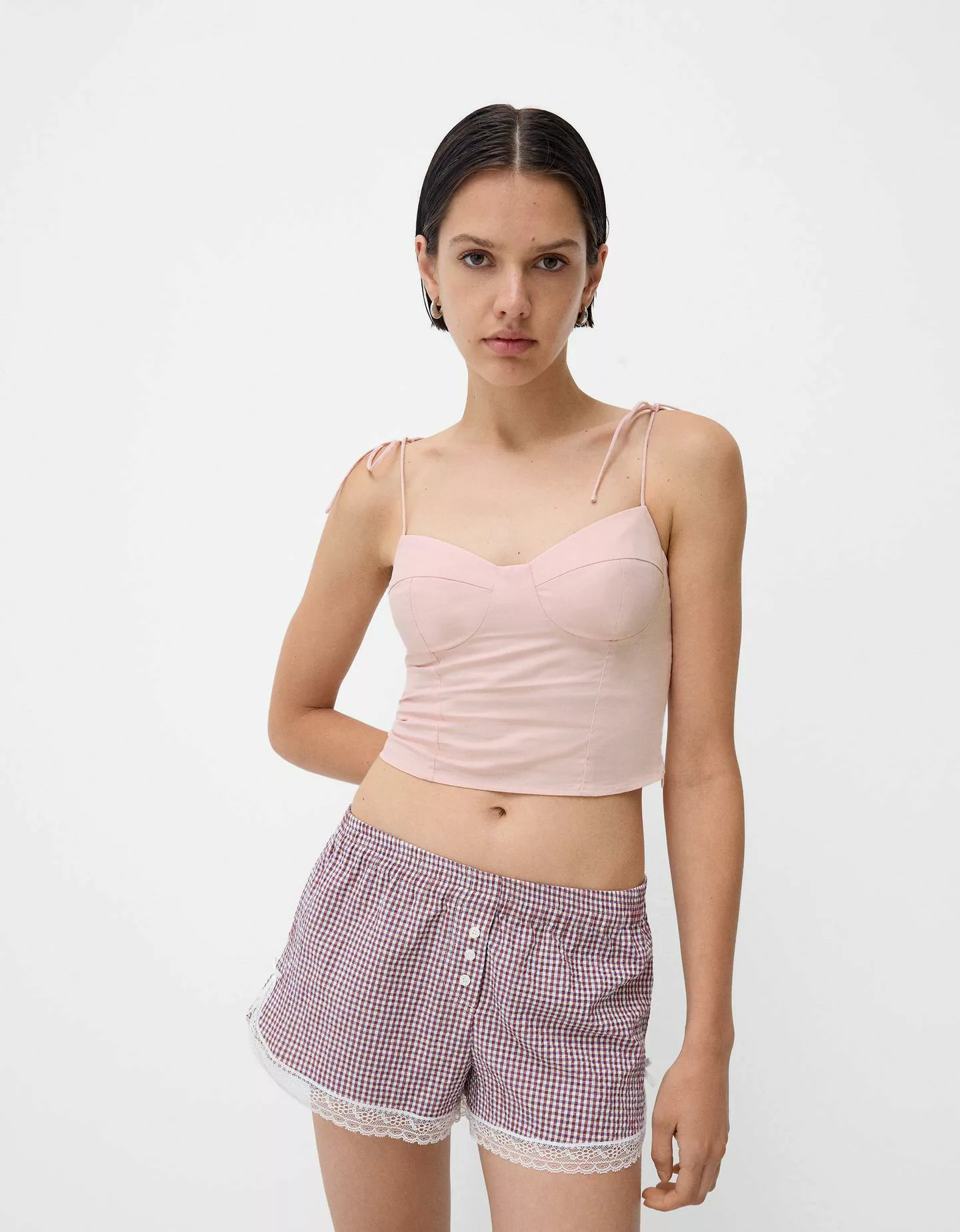 Bershka Cropped-Top Mit Bändern Und Schleife Damen L Rosa günstig online kaufen