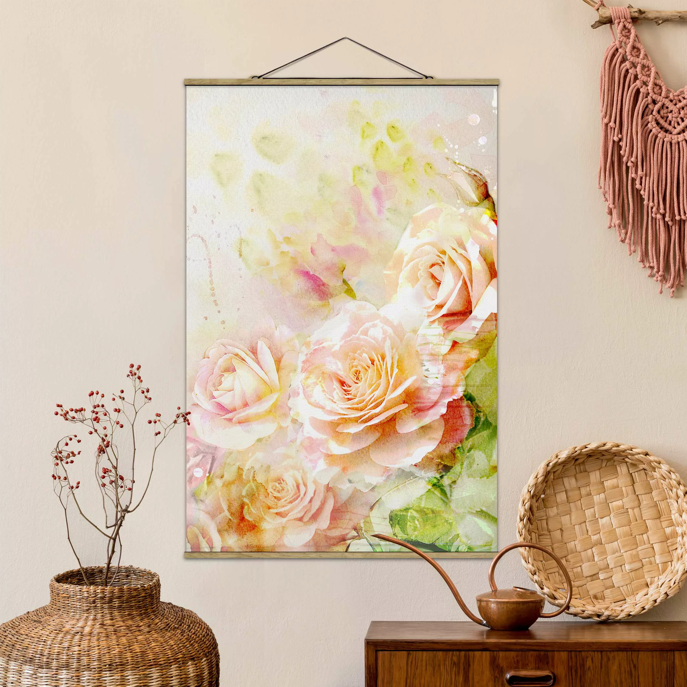 Stoffbild Blumen mit Posterleisten - Hochformat Aquarell Rosen Komposition günstig online kaufen