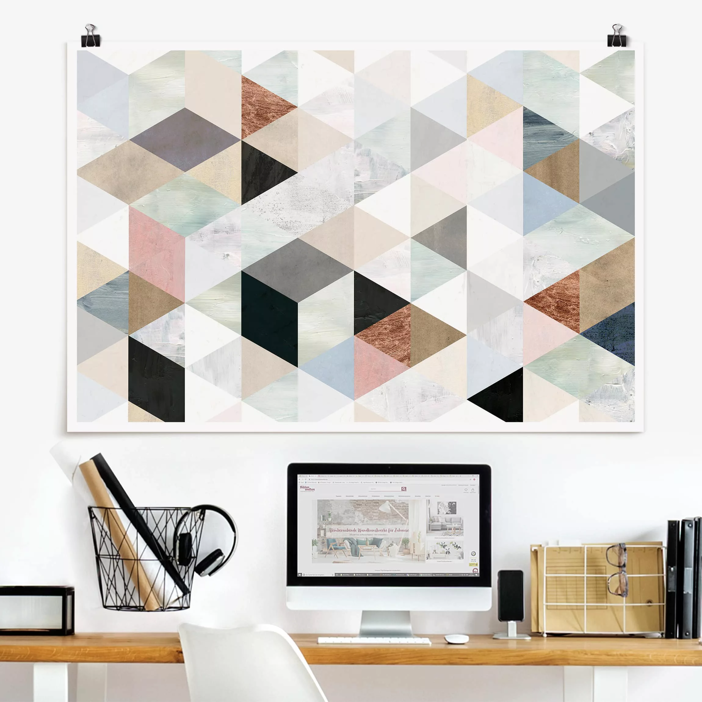 Poster Kunstdruck - Querformat Aquarell-Mosaik mit Dreiecken I günstig online kaufen