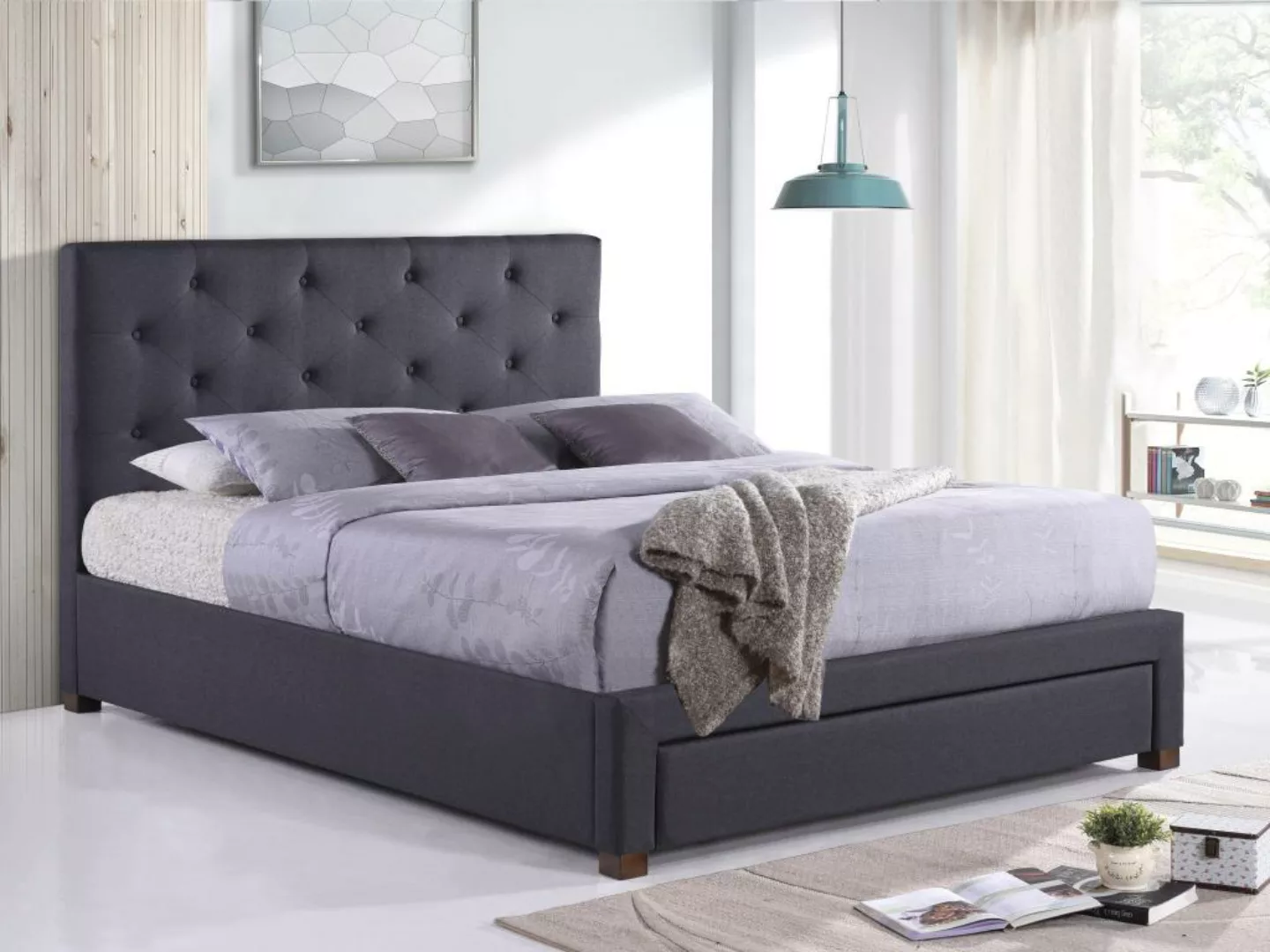 Bett 160 x 200 cm mit Schublade und gestepptem Kopfteil - Stoff - Grau + Ma günstig online kaufen