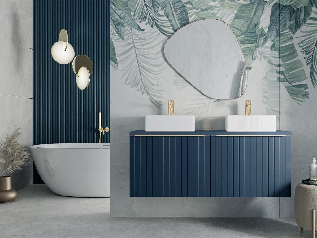 Waschbeckenunterschrank hängend mit Doppelwaschbecken - 120 cm - Blau gestr günstig online kaufen