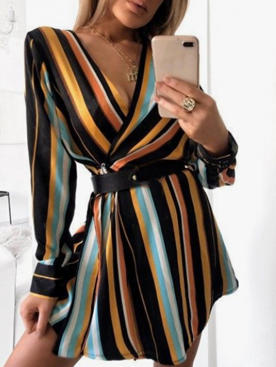 Yoins Striped Wrap Design Lange Ärmel Mini Kleid günstig online kaufen