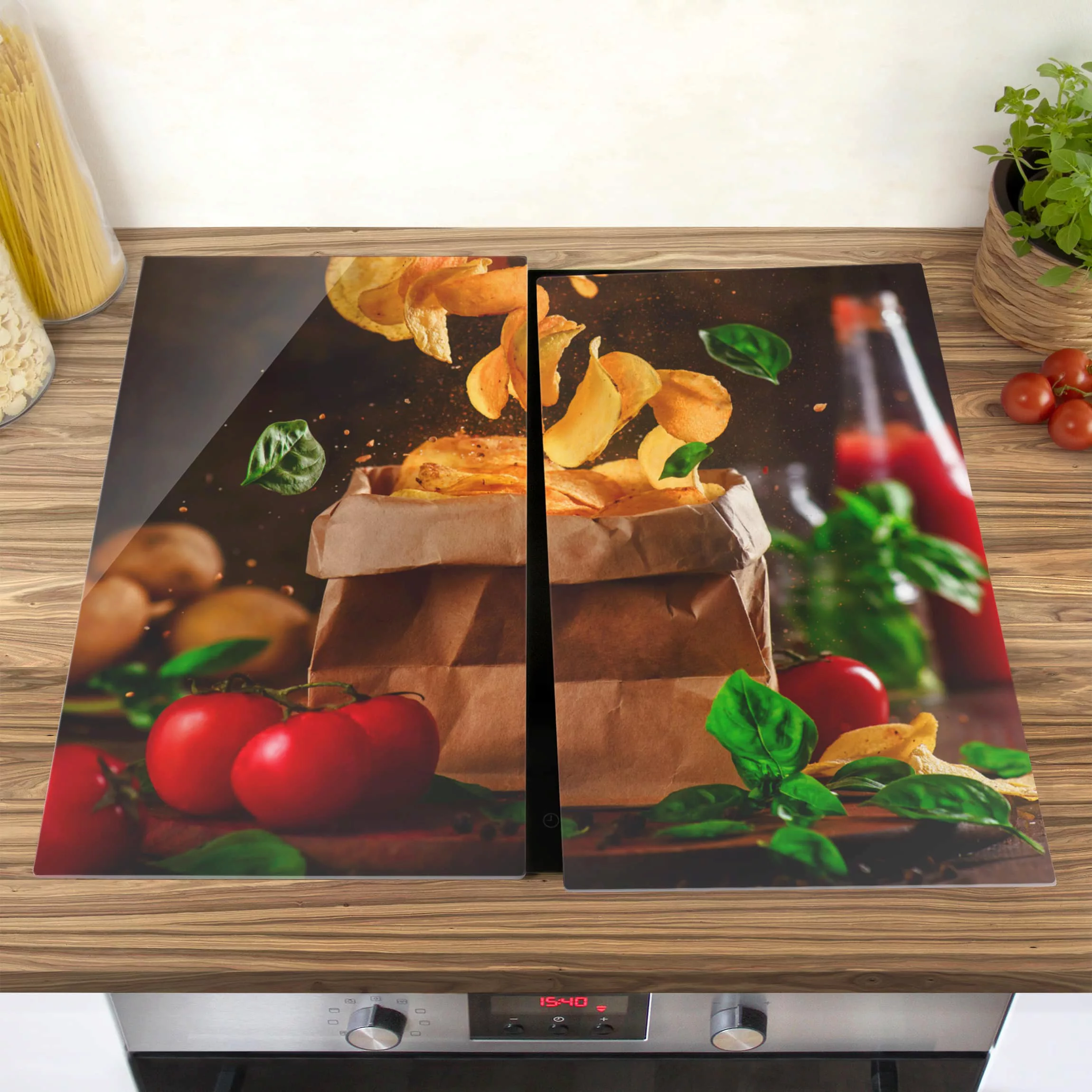 2-teilige Herdabdeckplatte Glas Kulinarisch Tomate-Basilikum-Snack günstig online kaufen
