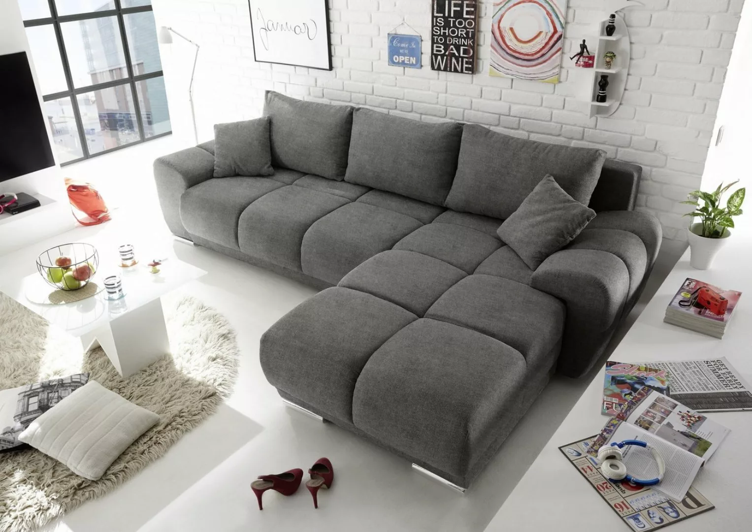 Black Red White Ecksofa li/re montierbar, Schlaffunktion, steingrau - 289x8 günstig online kaufen