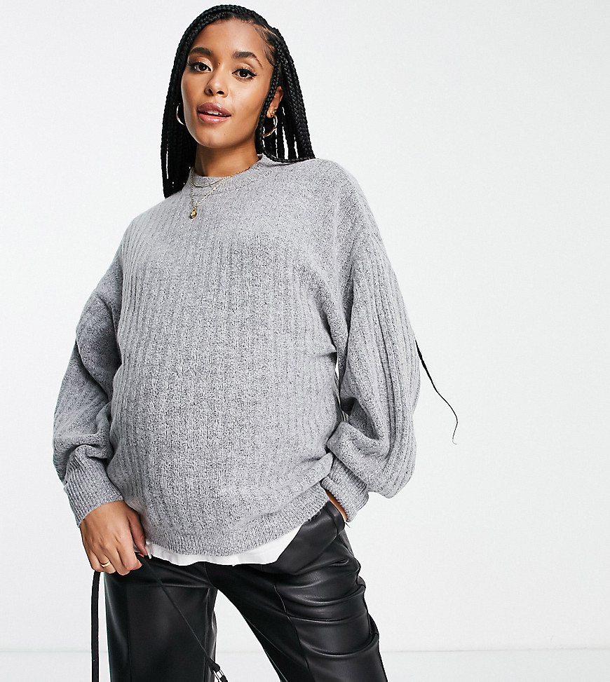 Urban Bliss Umstandsmode – Gerippter Strickpullover in Grau mit Ballonärmel günstig online kaufen