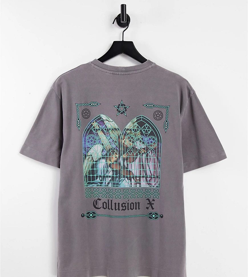 COLLUSION – T-Shirt aus Piquée in Stein mit Glasfenster-Rückenprint, Kombit günstig online kaufen