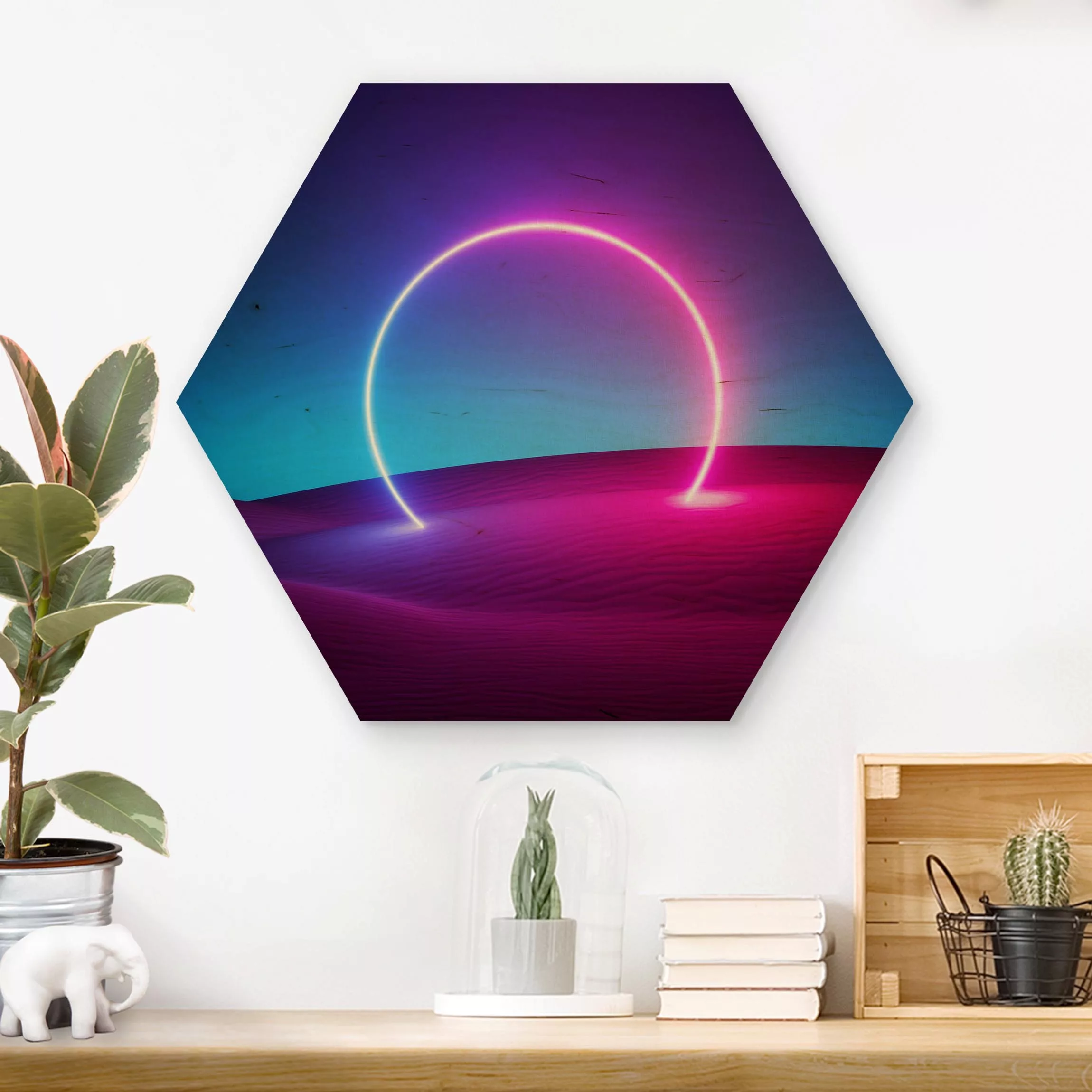 Hexagon-Holzbild Neonlichtkreis im Sand günstig online kaufen