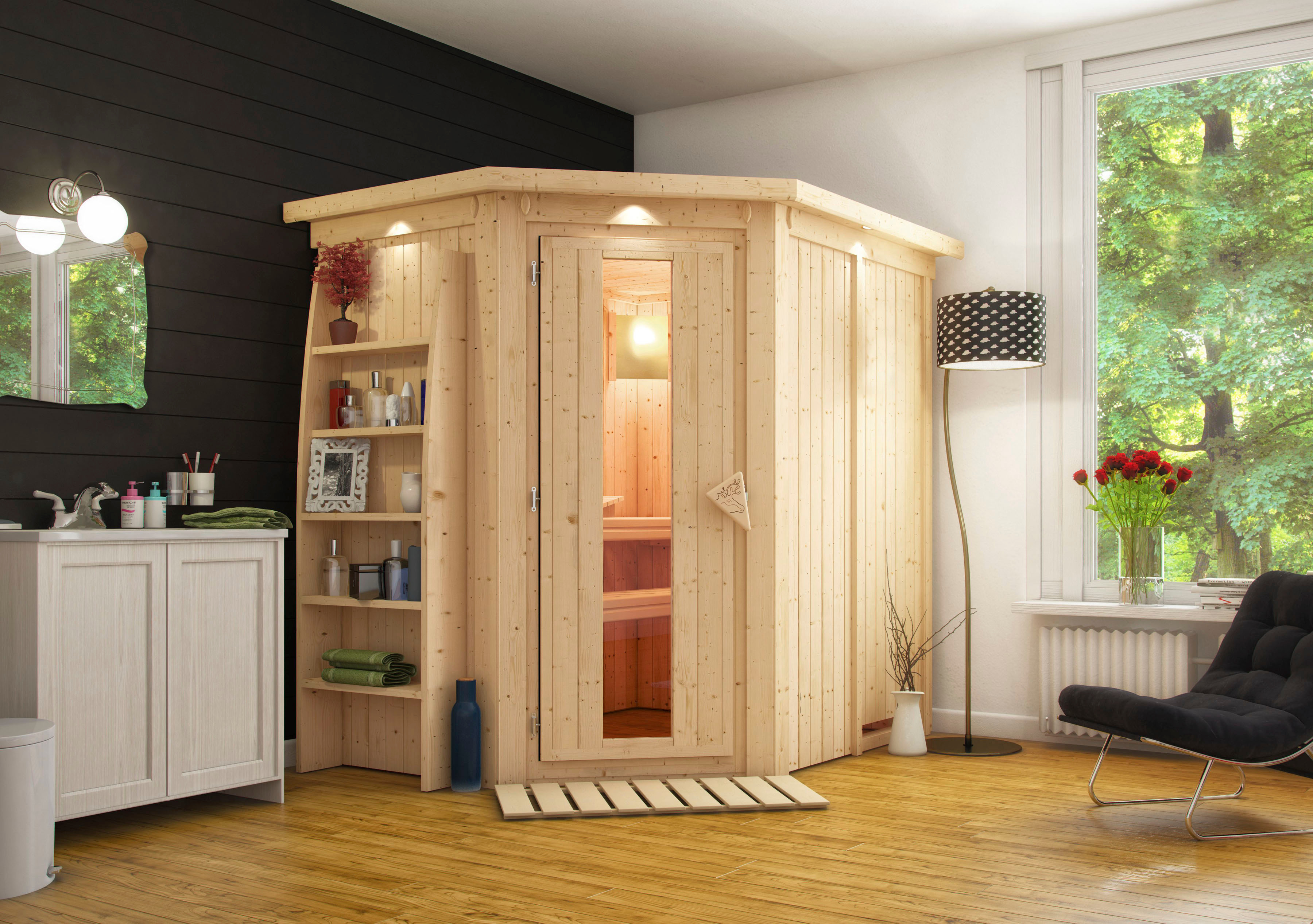 Karibu Sauna »Cellin«, (Set), 3,6-kW-Plug & Play Ofen mit int. Steuerung günstig online kaufen