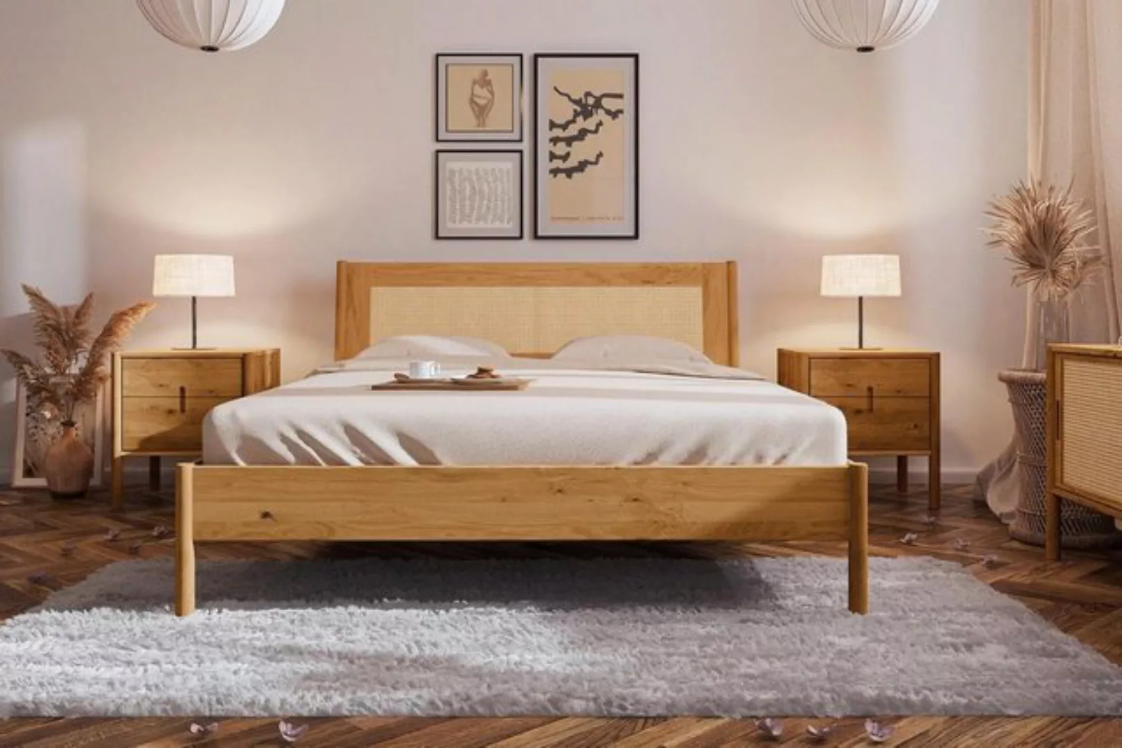 Natur24 Einzelbett Bett Zola 2 Wildeiche massiv 90x220 Rattankopfteil und H günstig online kaufen