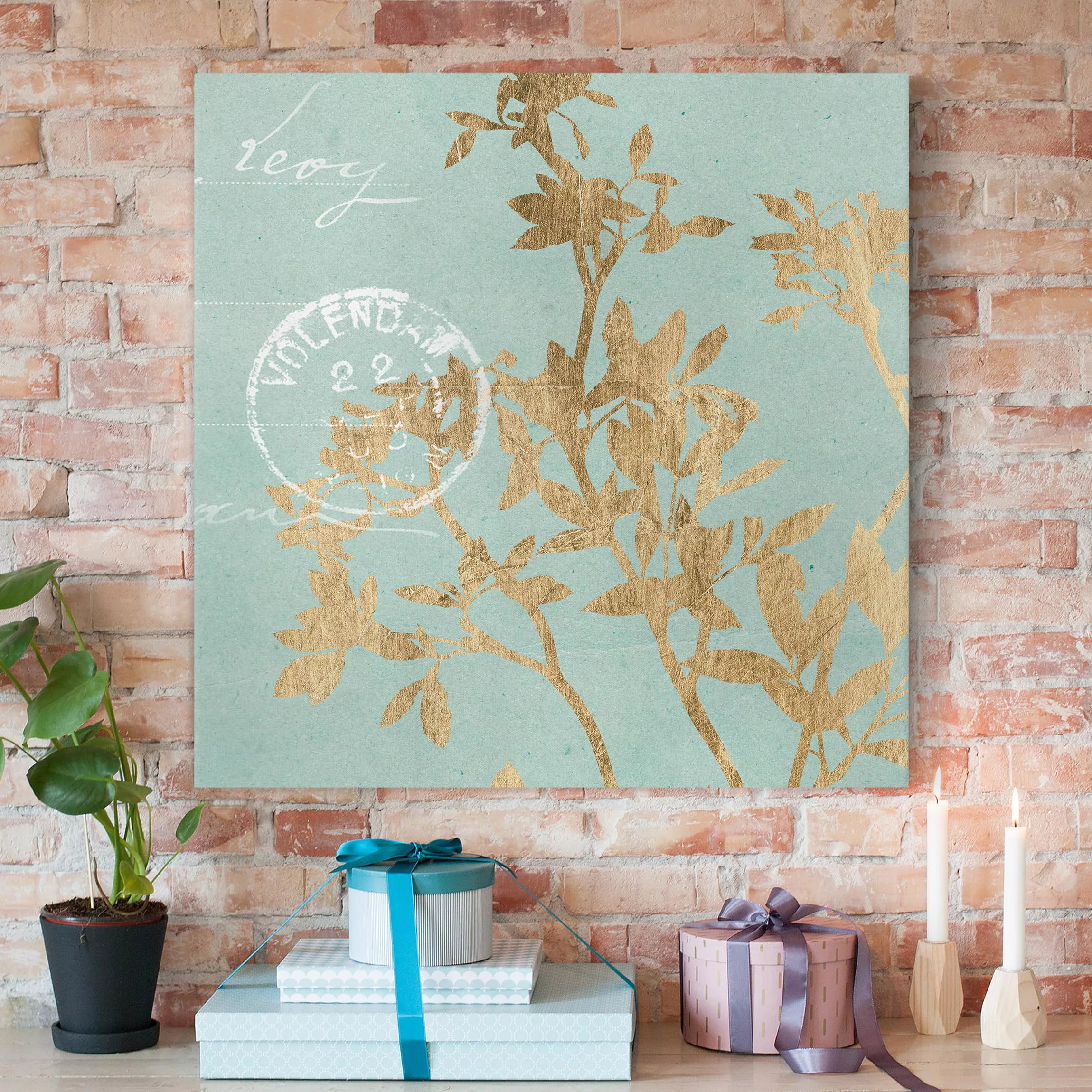 Leinwandbild Spruch - Quadrat Goldene Blätter auf Turquoise II günstig online kaufen