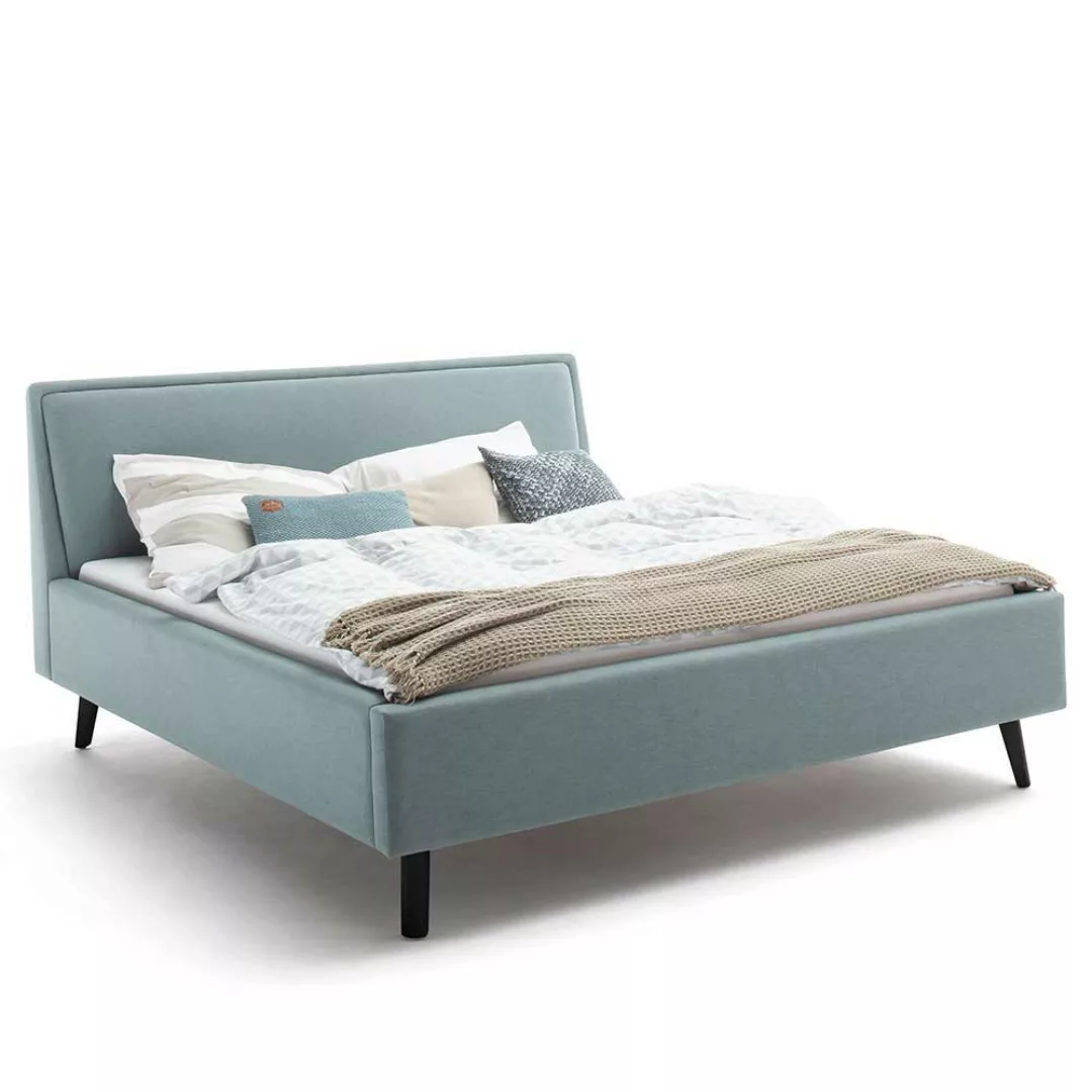 Modernes Polster Bett in Hellblau Vierfußgestell aus Holz günstig online kaufen