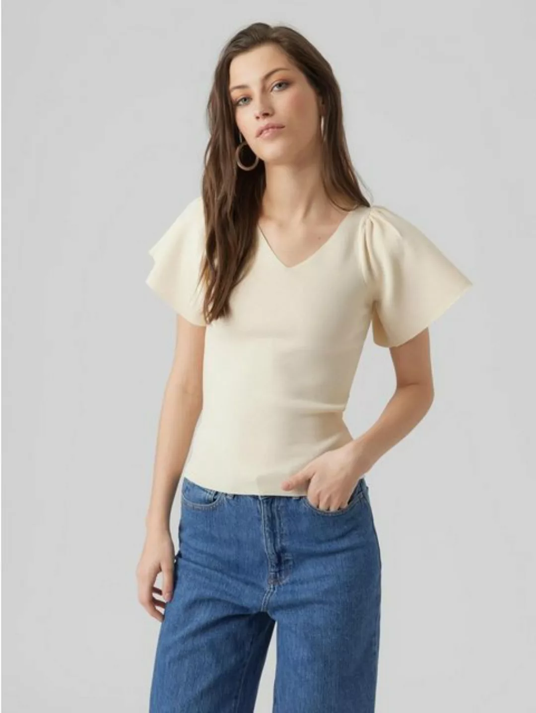 Vero Moda T-Shirt Geripptes Rüschen T-Shirt Kurzarm Strick Shirt VMGINNY 55 günstig online kaufen