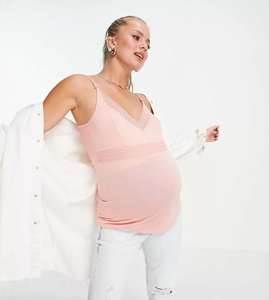 ASOS DESIGN Maternity – Still-Camisole mit Spitzendetail in Korallenrosa günstig online kaufen