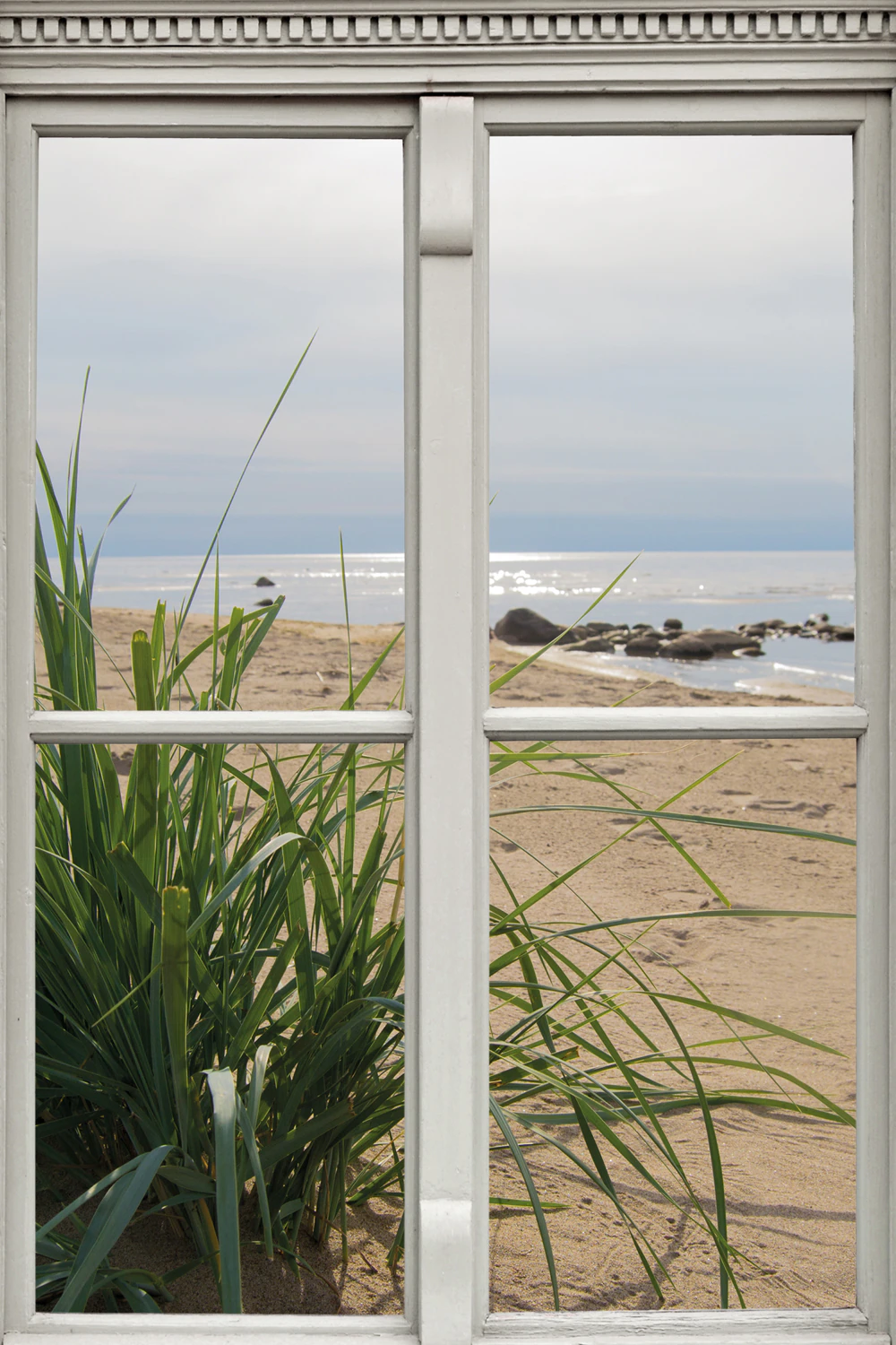 queence Leinwandbild "Ausblick", Düne-Gräser-Natur-Meer-Fensterblick, (1 St günstig online kaufen