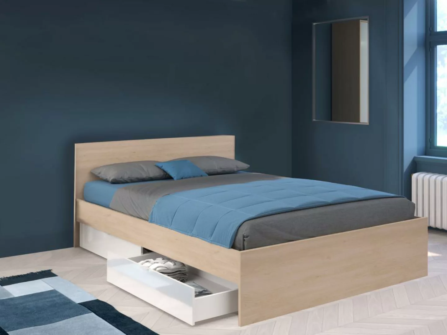 Bett mit 2 Schubladen + Lattenrost - 160 x 200 cm - Holzfarben & glänzend w günstig online kaufen