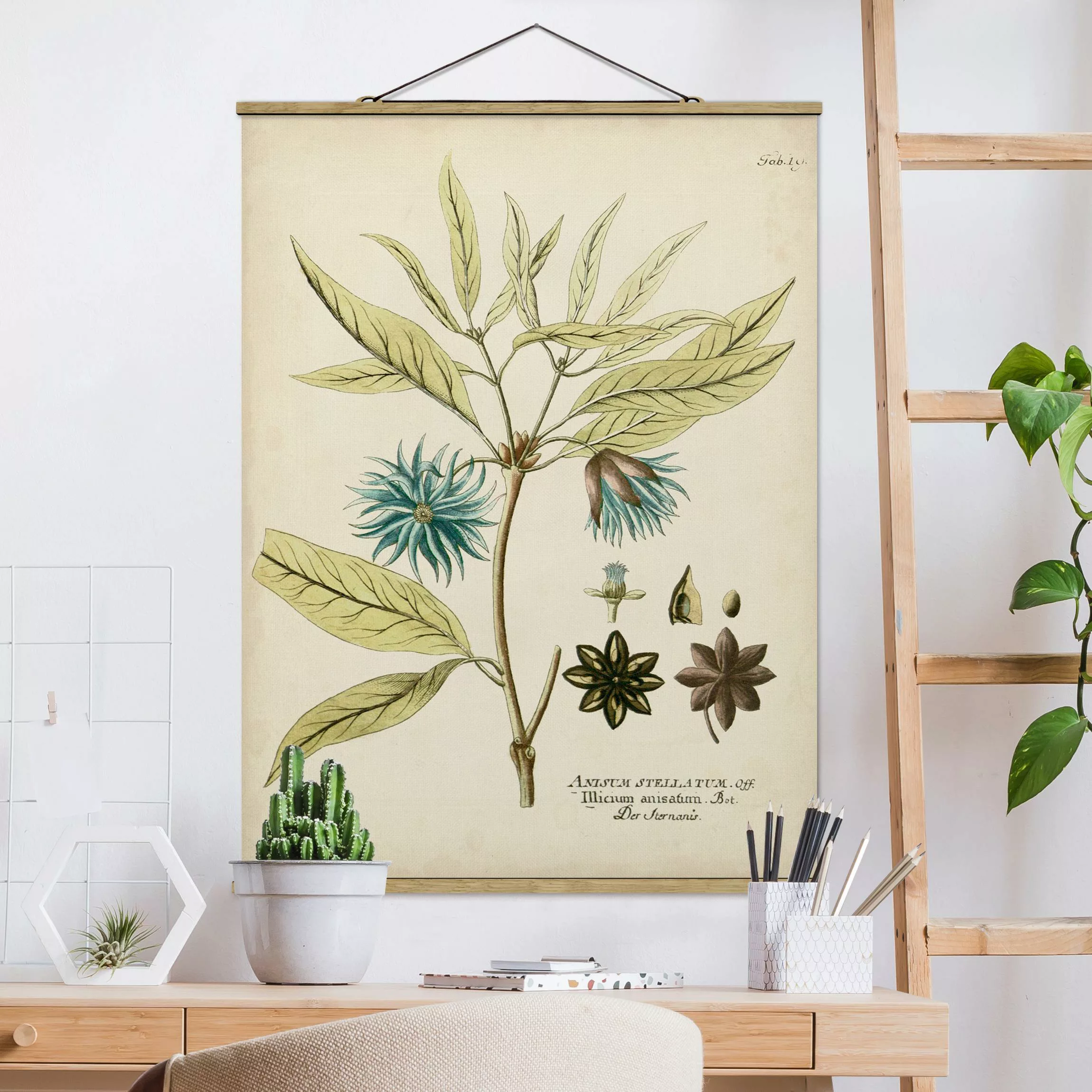 Stoffbild Blumen mit Posterleisten - Hochformat Vintage Botanik in Blau Ste günstig online kaufen