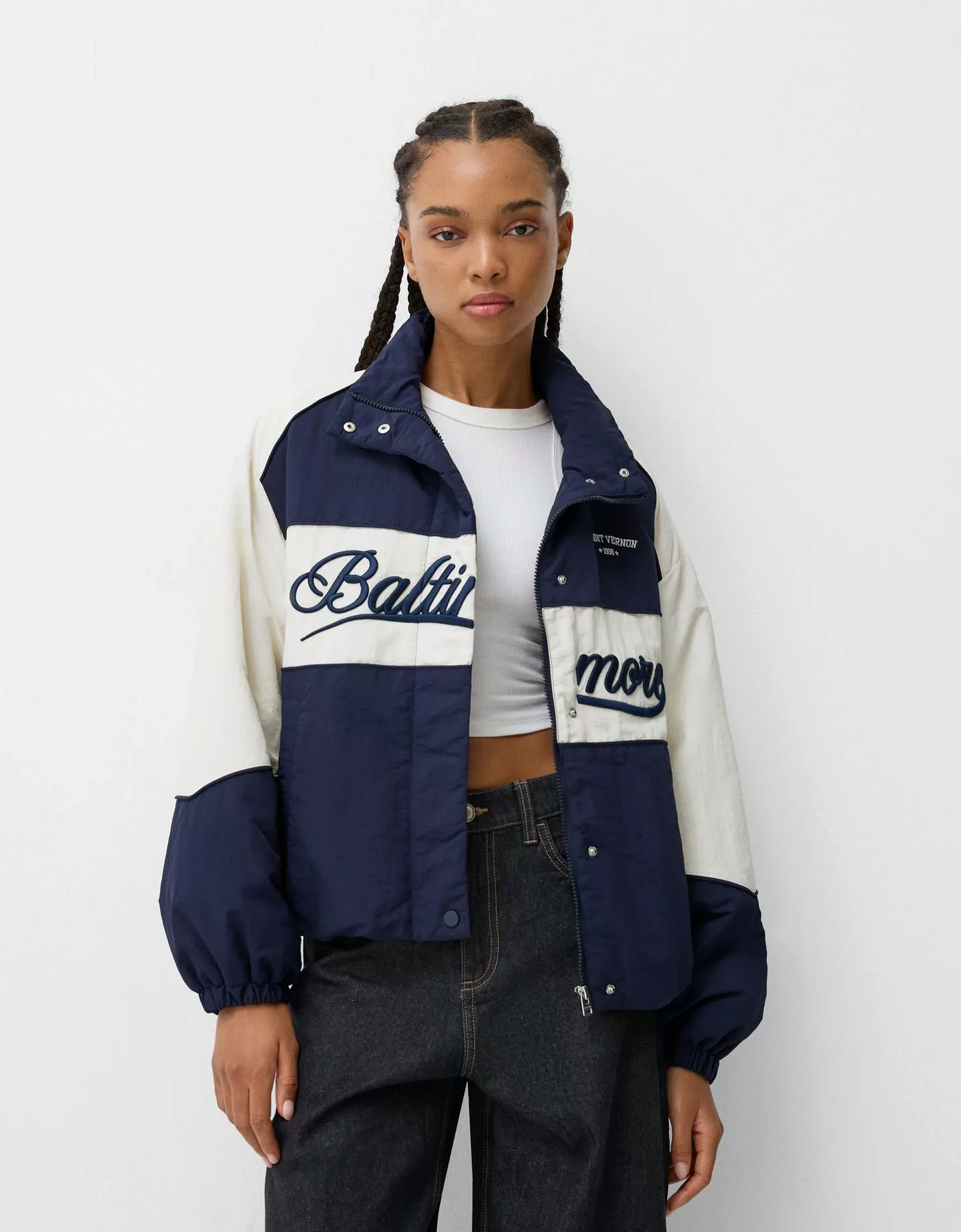 Bershka Gesteppte College-Jacke Damen L Marinenblau günstig online kaufen