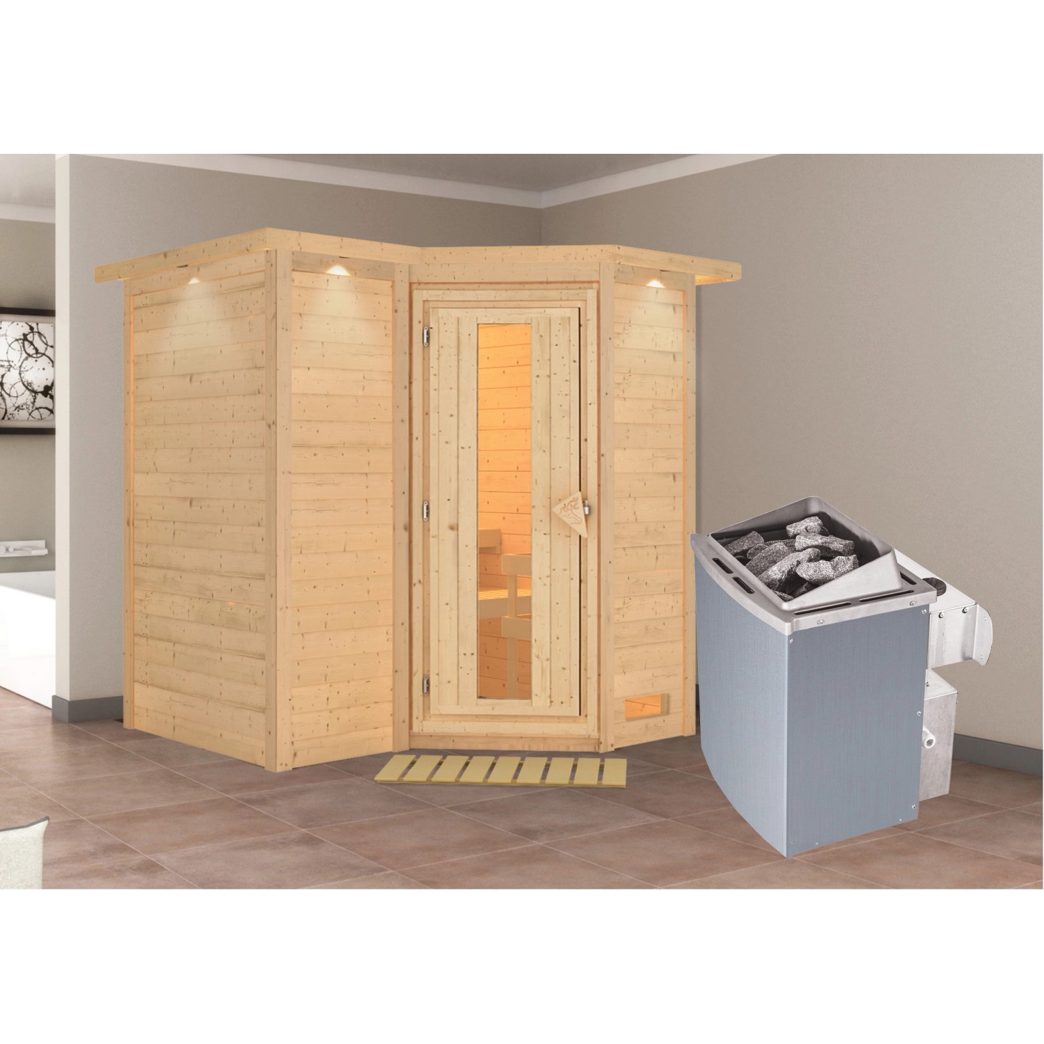 Woodfeeling Sauna Steena 1 inkl. Ofen 9 kW integr. Strg., Dachkranz, Energi günstig online kaufen