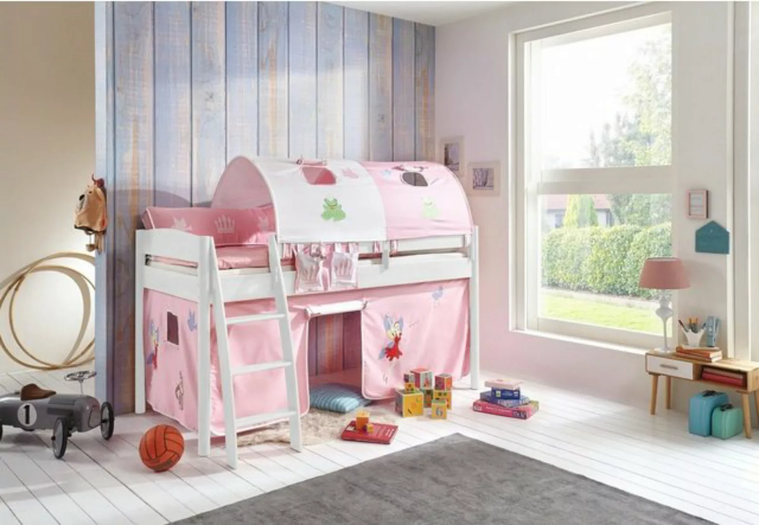 Natur24 Kinderbett Halbhohes Einzelbett Mischelle Buche lackiert 90x200cm günstig online kaufen