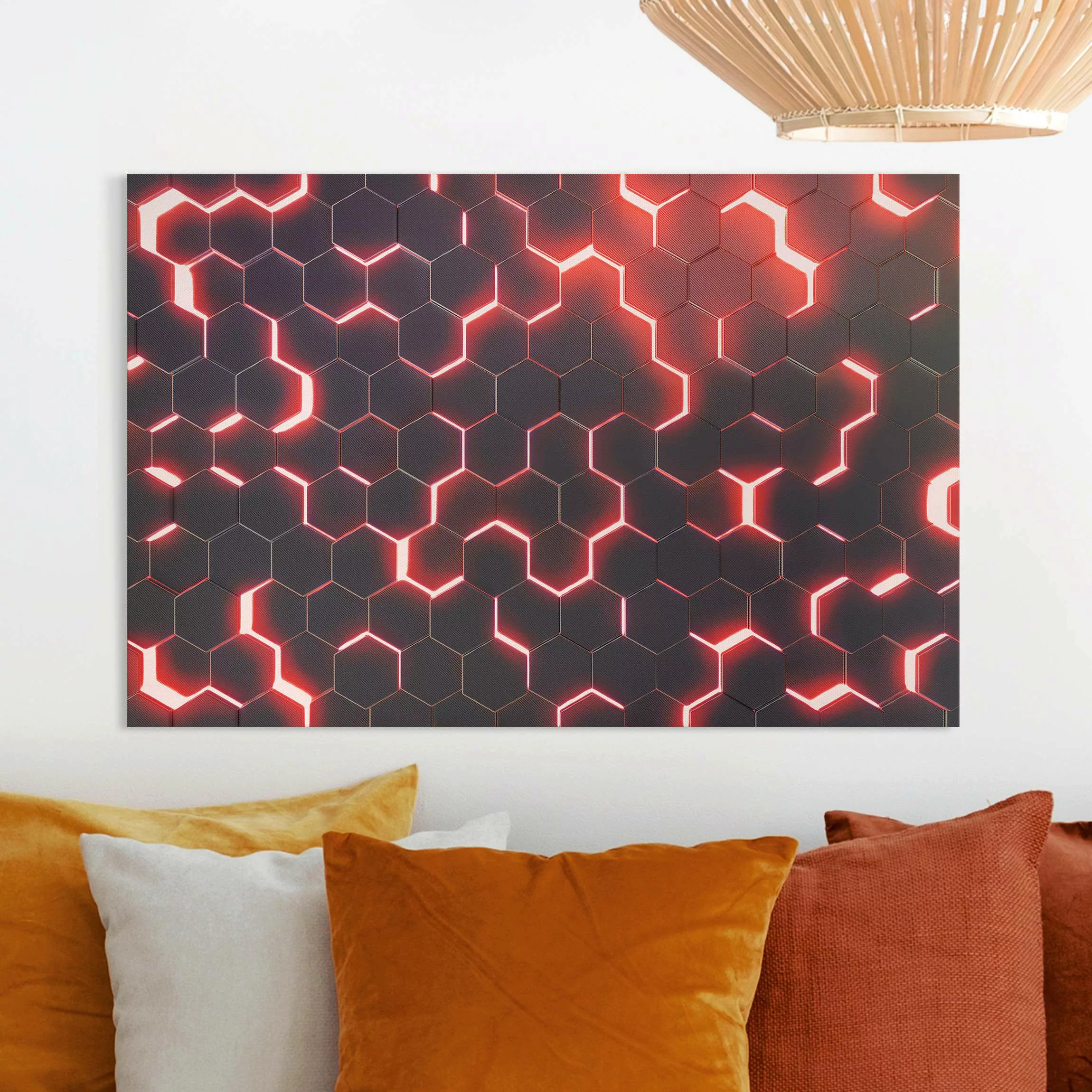 Leinwandbild Strukturierte Hexagone mit Neonlicht in Rot günstig online kaufen