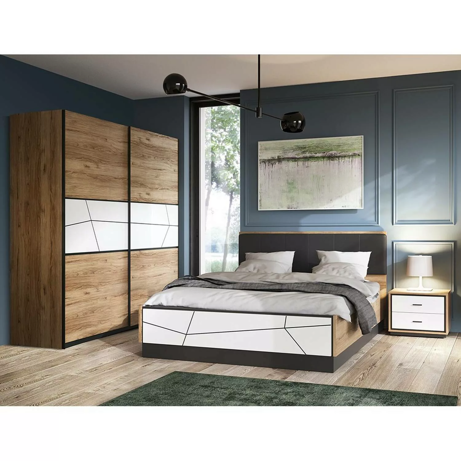Schlafzimmer Set mit Bettgestell 165 cm BRISTOL-129 in Catania Eiche Nb. mi günstig online kaufen