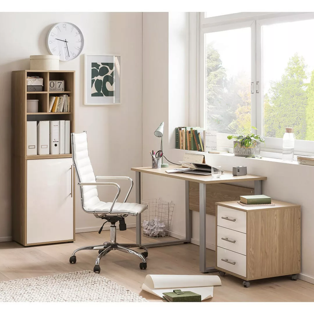 Büromöbel Set Eiche mit weiß ATENO-80 3-teilig günstig online kaufen