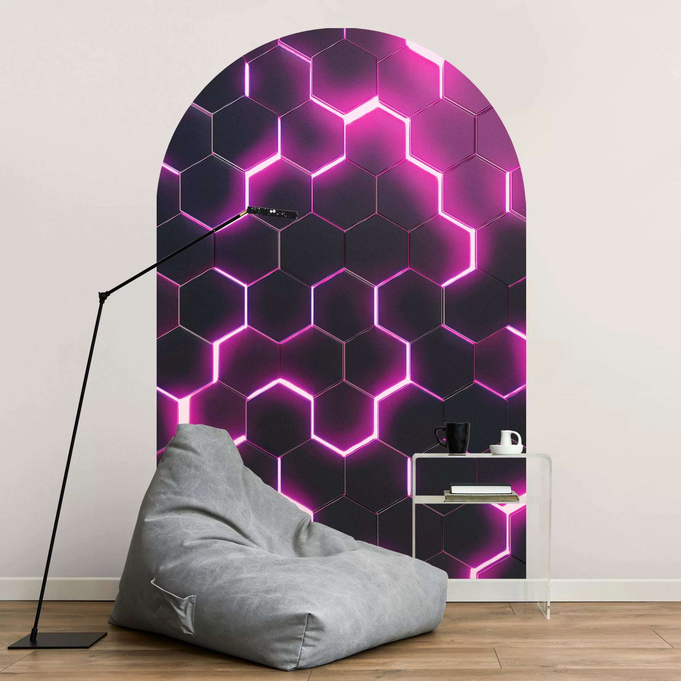 Rundbogen Tapete Strukturierte Hexagone mit Neonlicht in Pink günstig online kaufen