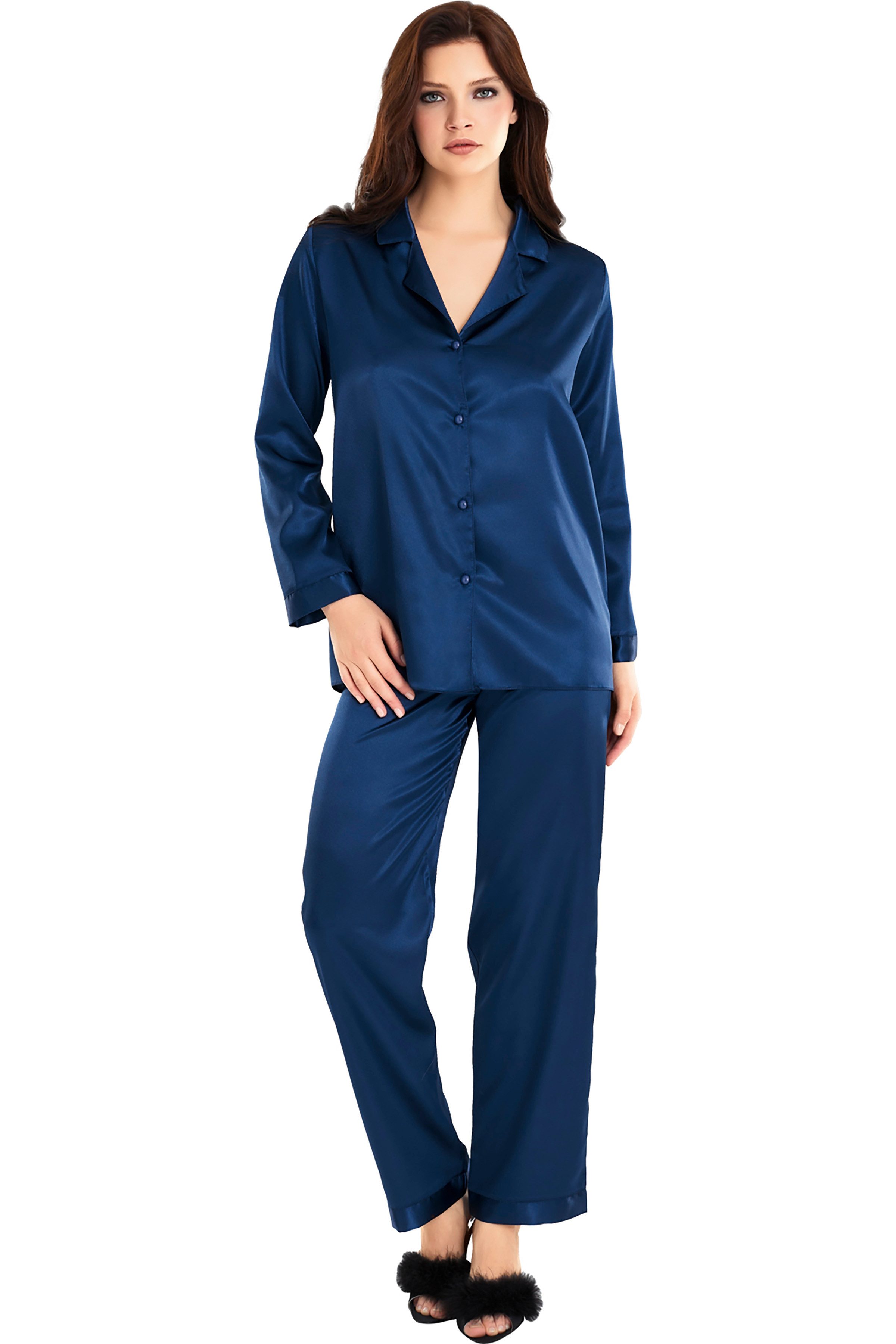 Pyjamahose Zweiteiliges Satin-Pyjama-Set mit Knopfleiste günstig online kaufen