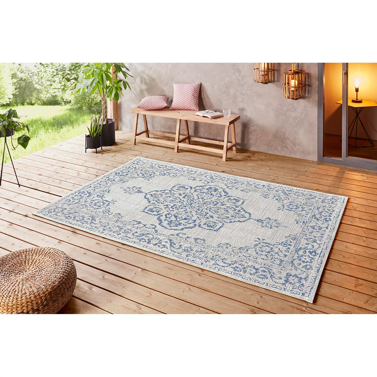 home24 Bougari Outdoorteppich Tilos Creme/Blau Rechteckig 160x230 cm (BxT) günstig online kaufen