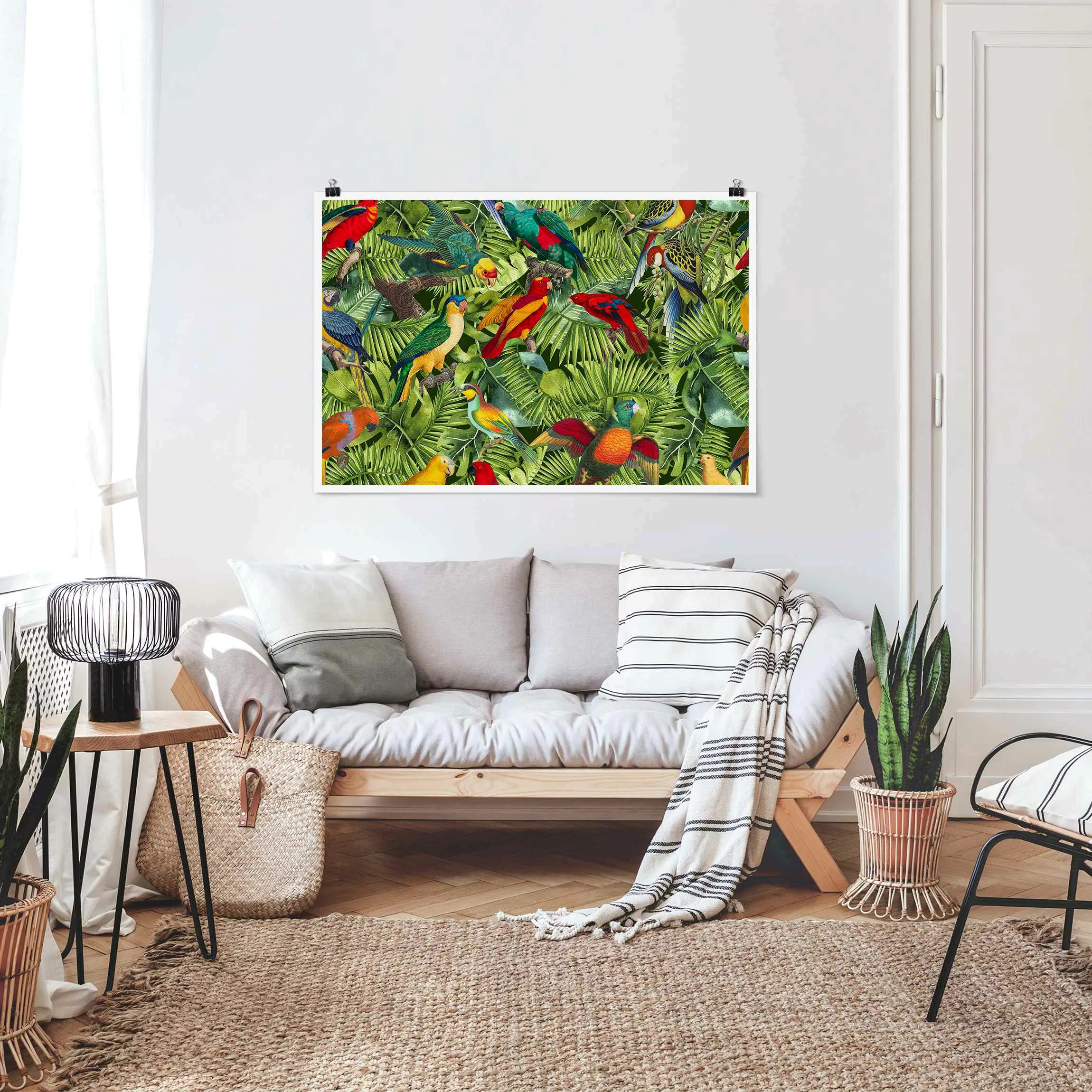 Poster Bunte Collage - Papageien im Dschungel günstig online kaufen