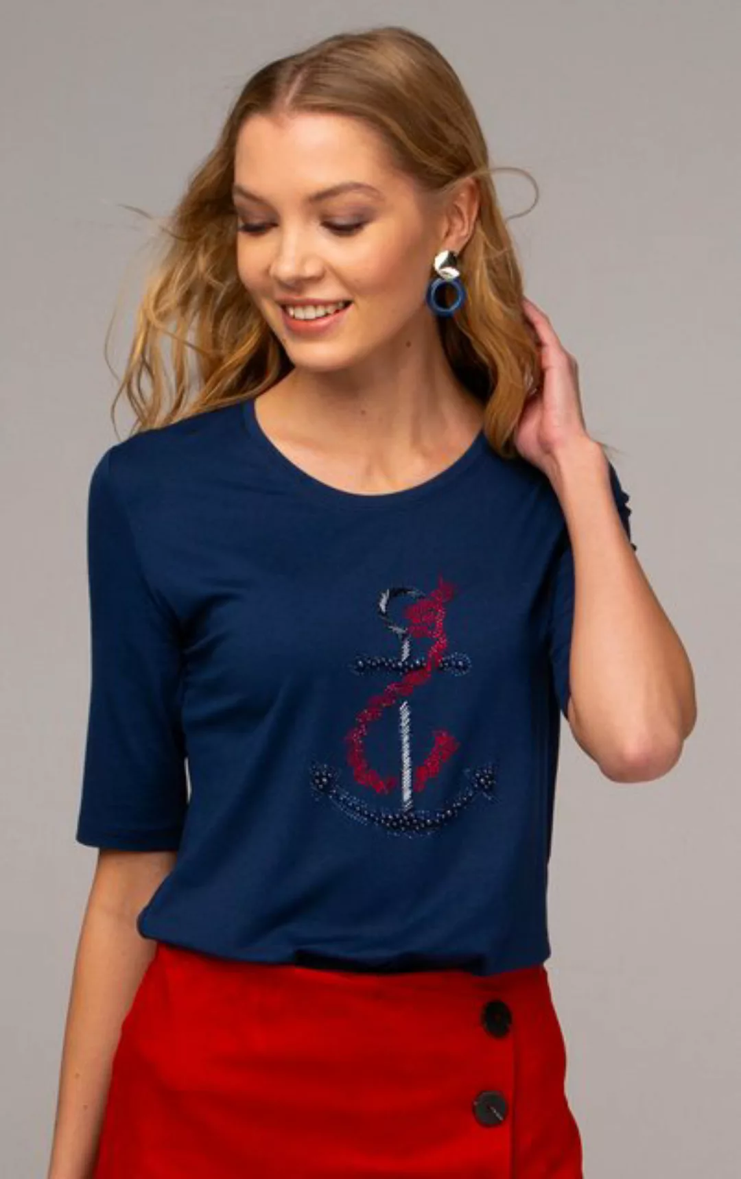 Passioni T-Shirt in Navy mit roten Glitzersteinen günstig online kaufen