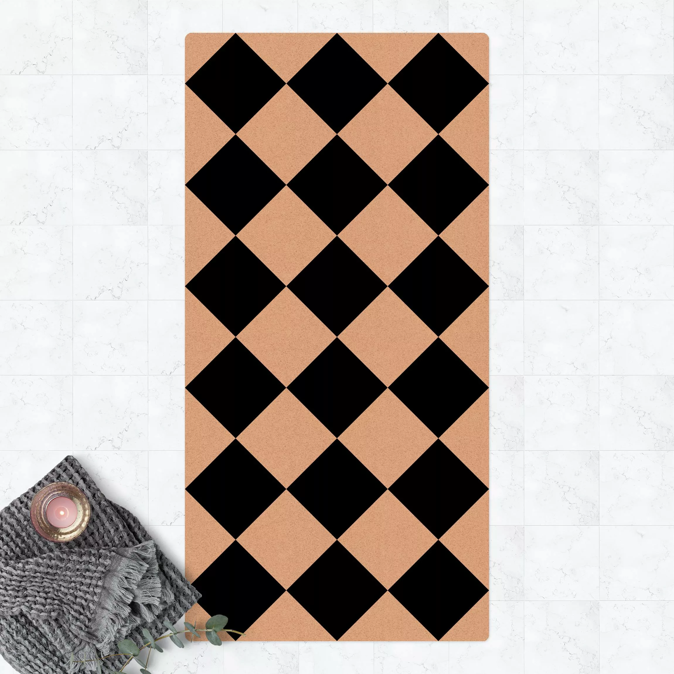 Kork-Teppich Geometrisches Muster gedrehtes Schachbrett Schwarz Weiß günstig online kaufen