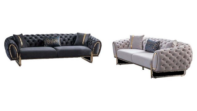 JVmoebel Sofa Weiß-Graue Chesterfield Couchgarnitur Luxuriöse Textil Sofas, günstig online kaufen