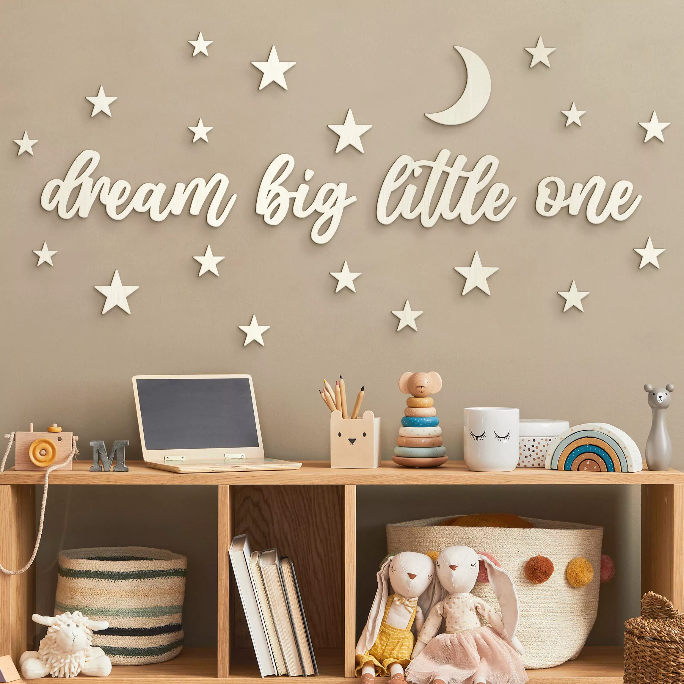 Wanddeko Holz 3D-Schriftzug Dream big little one - Mond & Sterne günstig online kaufen