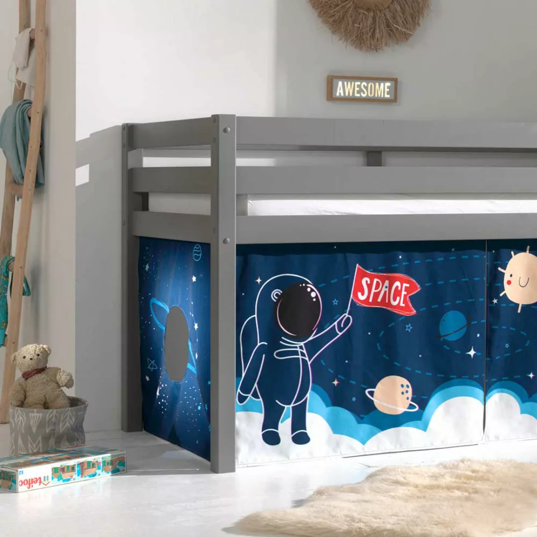 Halbhohes Bett aus Kiefer Massivholz Grau mit Weltraum Vorhang günstig online kaufen