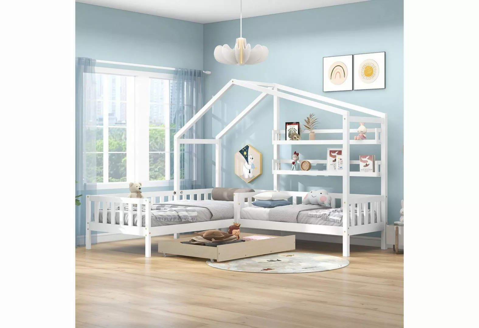 MODFU Kinderbett Einzelbett, Hausbett, L-Struktur, Bett, Daybett (90x200 cm günstig online kaufen