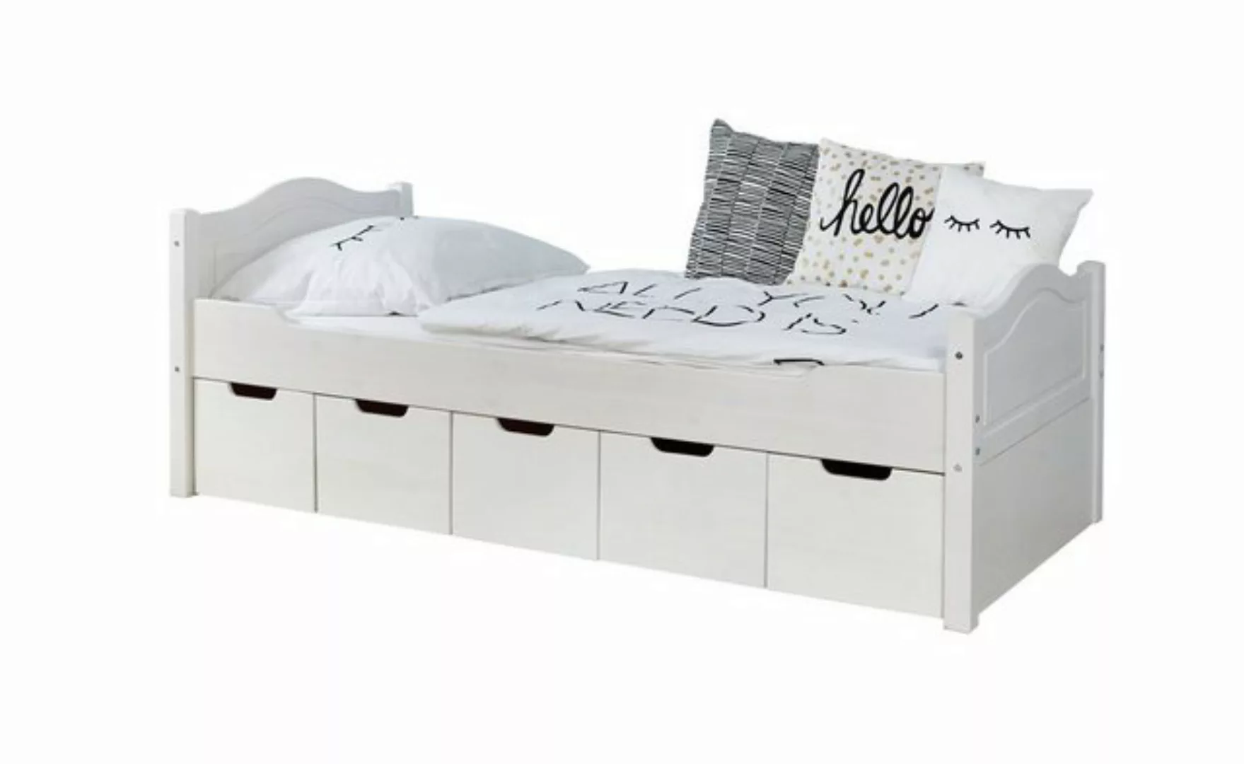 TICAA "Einzelbett ""Leni"" 90x200 Kiefer Weiß inkl. 5er Schubkästen" weiß G günstig online kaufen